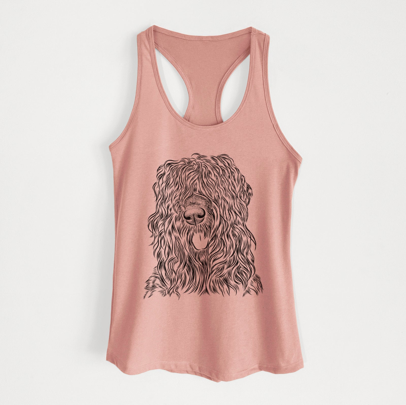 Hand-drawn sketch of Darryl the Black Russian Terrier on a Desert Pink Women's racerback tanktop