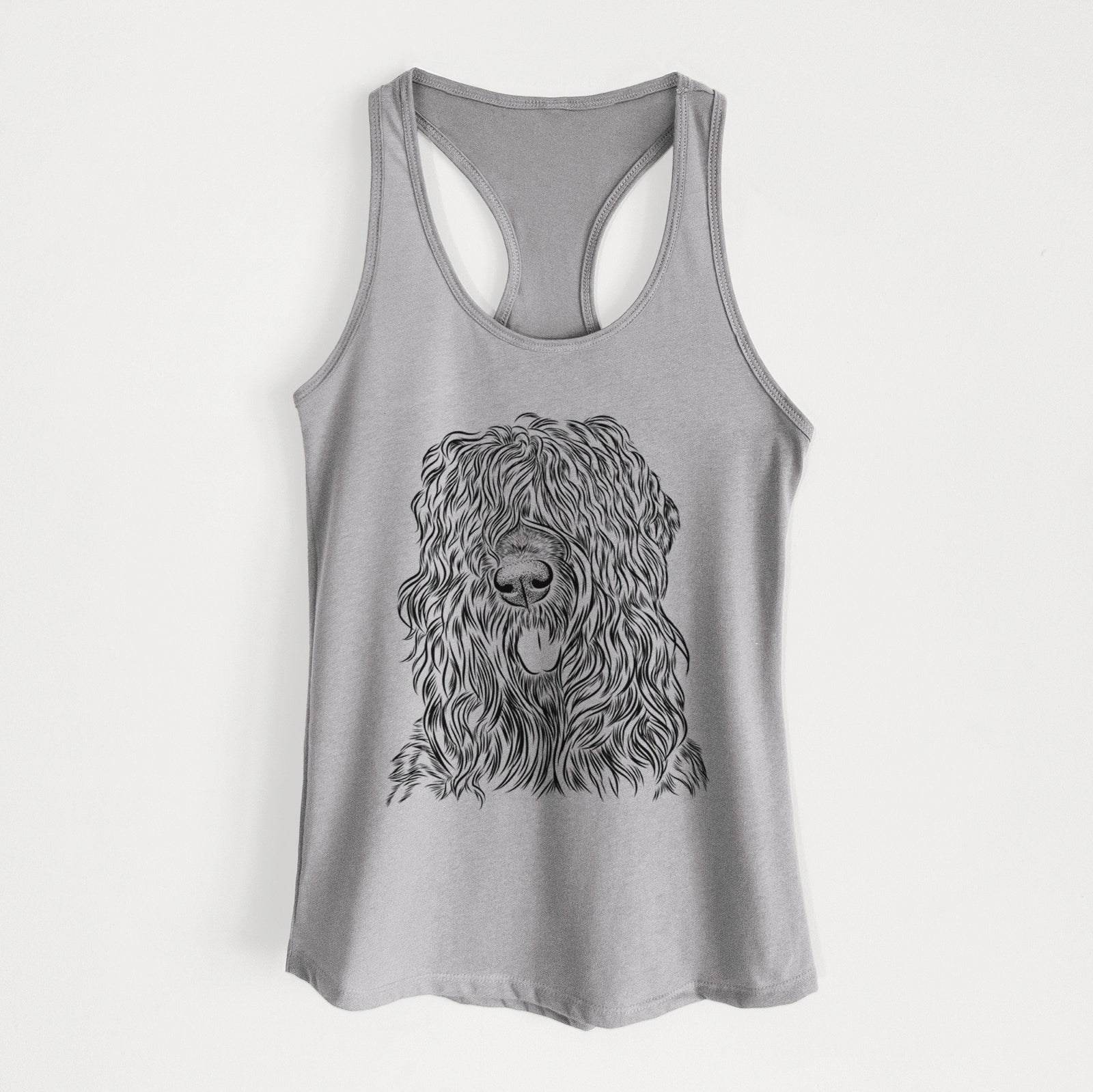 Hand-drawn sketch of Darryl the Black Russian Terrier on a Heather Grey Women's racerback tanktop