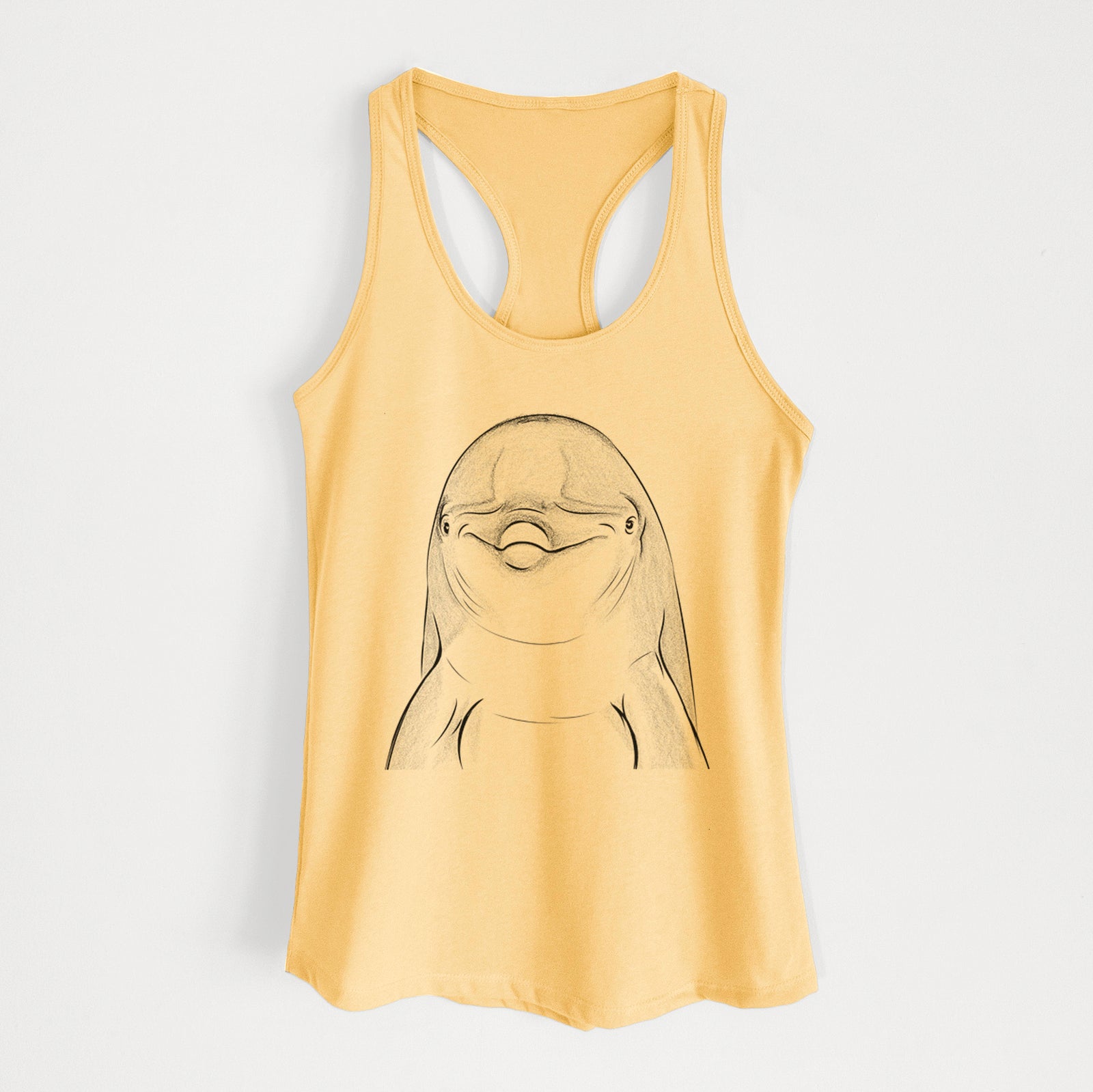 Hand-drawn sketch of Dave the Dolphin on a Banana Cream Women's racerback tanktop