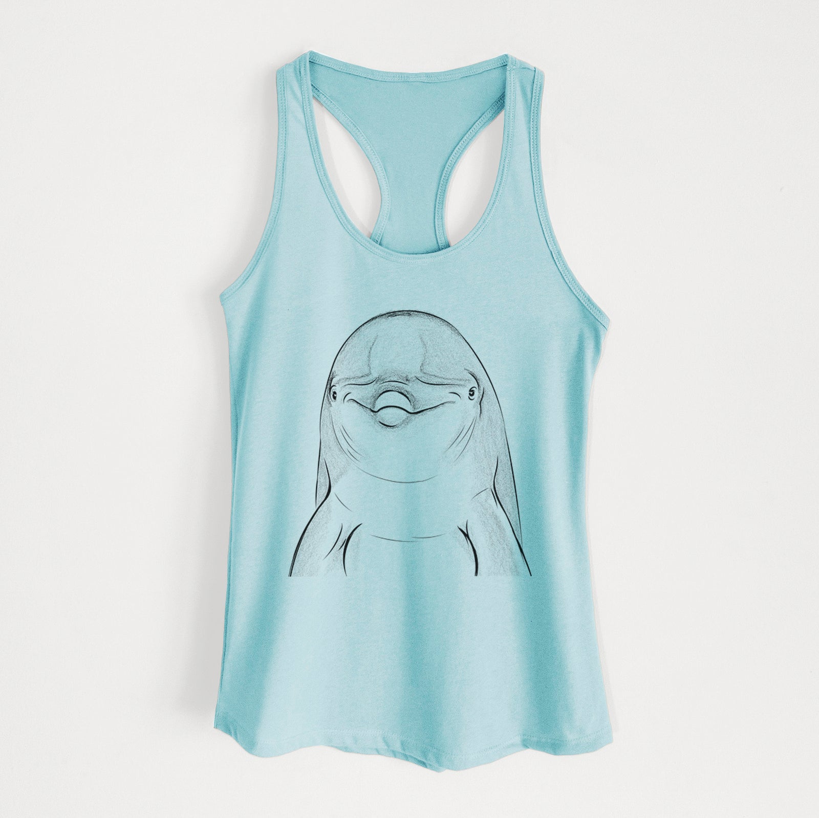 Hand-drawn sketch of Dave the Dolphin on a Cancun Blue Women's racerback tanktop