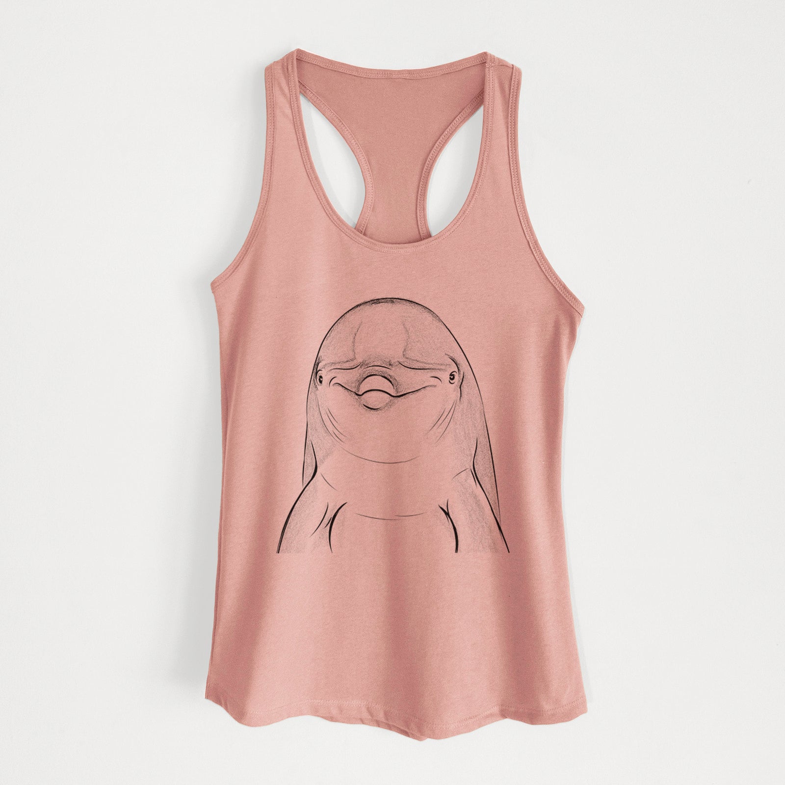Hand-drawn sketch of Dave the Dolphin on a Desert Pink Women's racerback tanktop