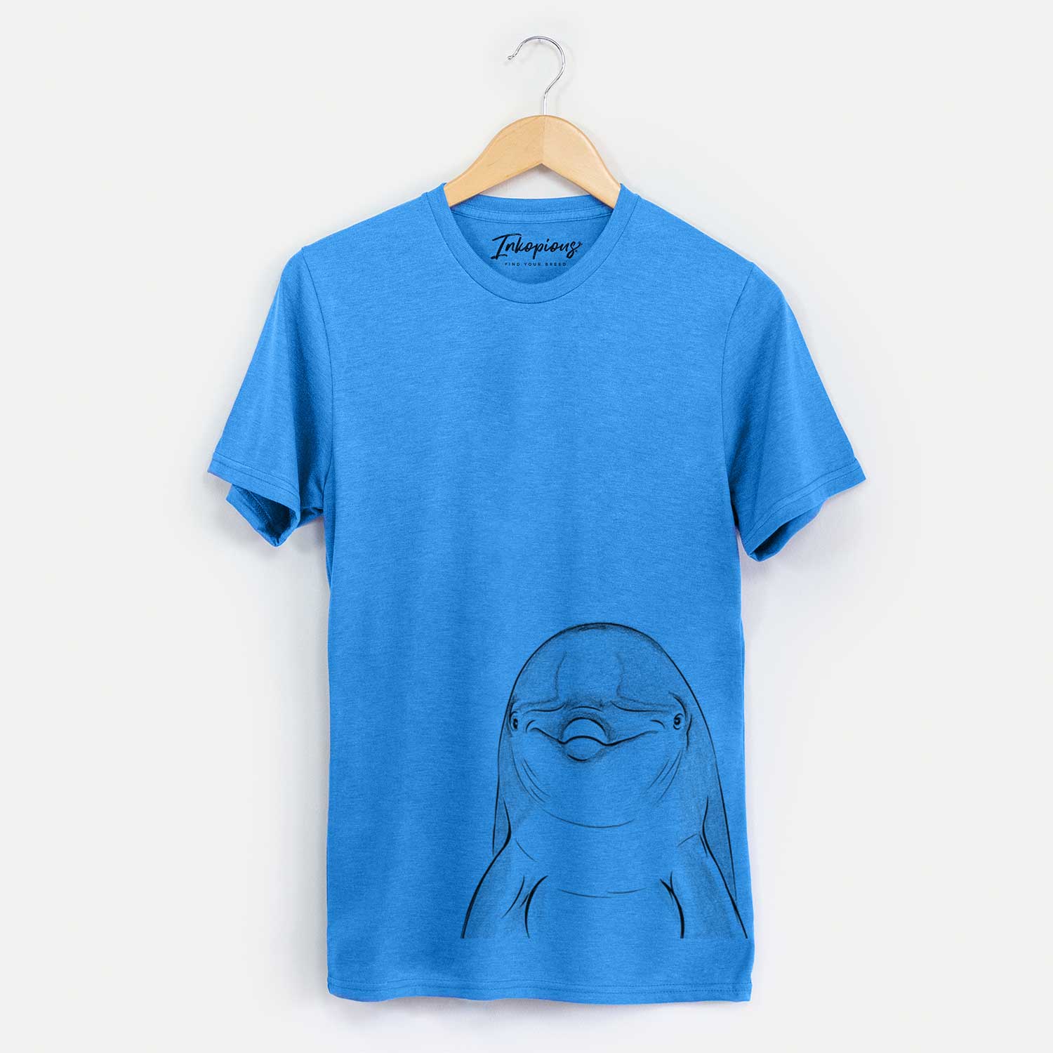 Hand-drawn sketch of Dave the Dolphin on a Blue Unisex crewneck