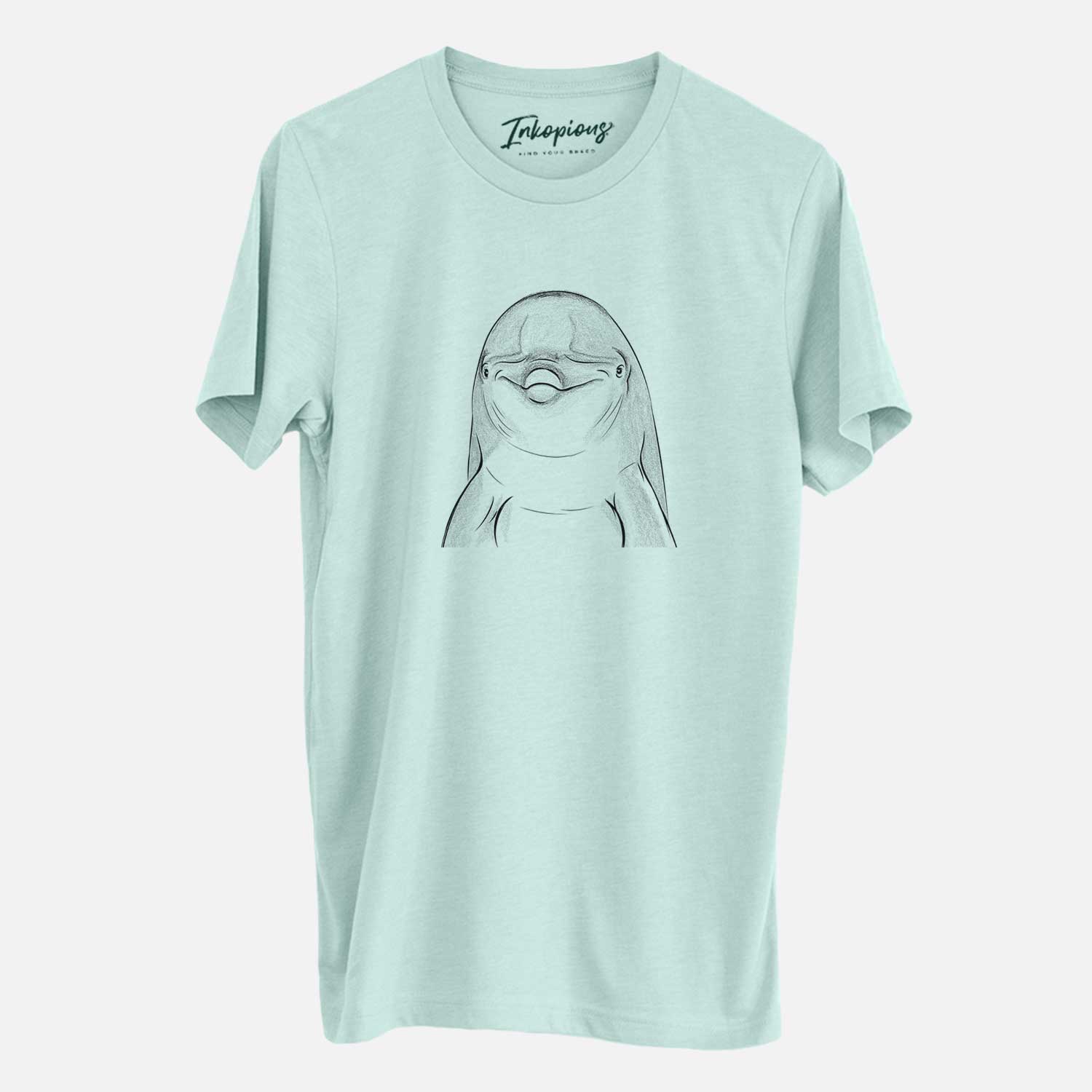 Hand-drawn sketch of Dave the Dolphin on a Heather Sage Unisex crewneck