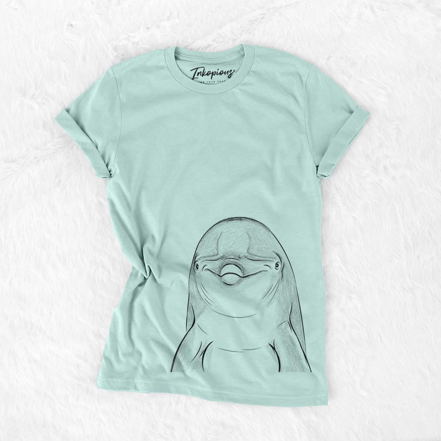 Hand-drawn sketch of Dave the Dolphin on a Heather Sage Unisex crewneck
