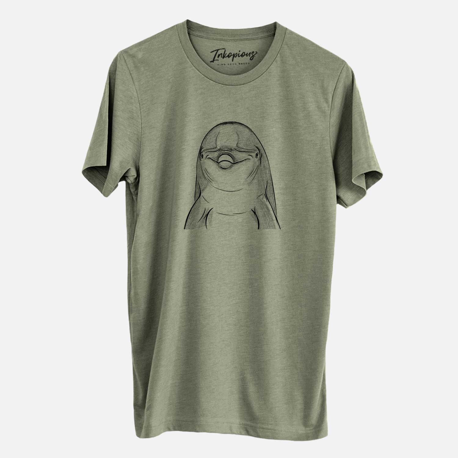 Hand-drawn sketch of Dave the Dolphin on an Olive Unisex crewneck