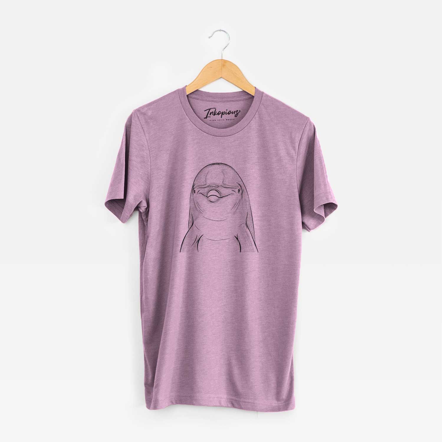 Hand-drawn sketch of Dave the Dolphin on an Orchid Unisex crewneck