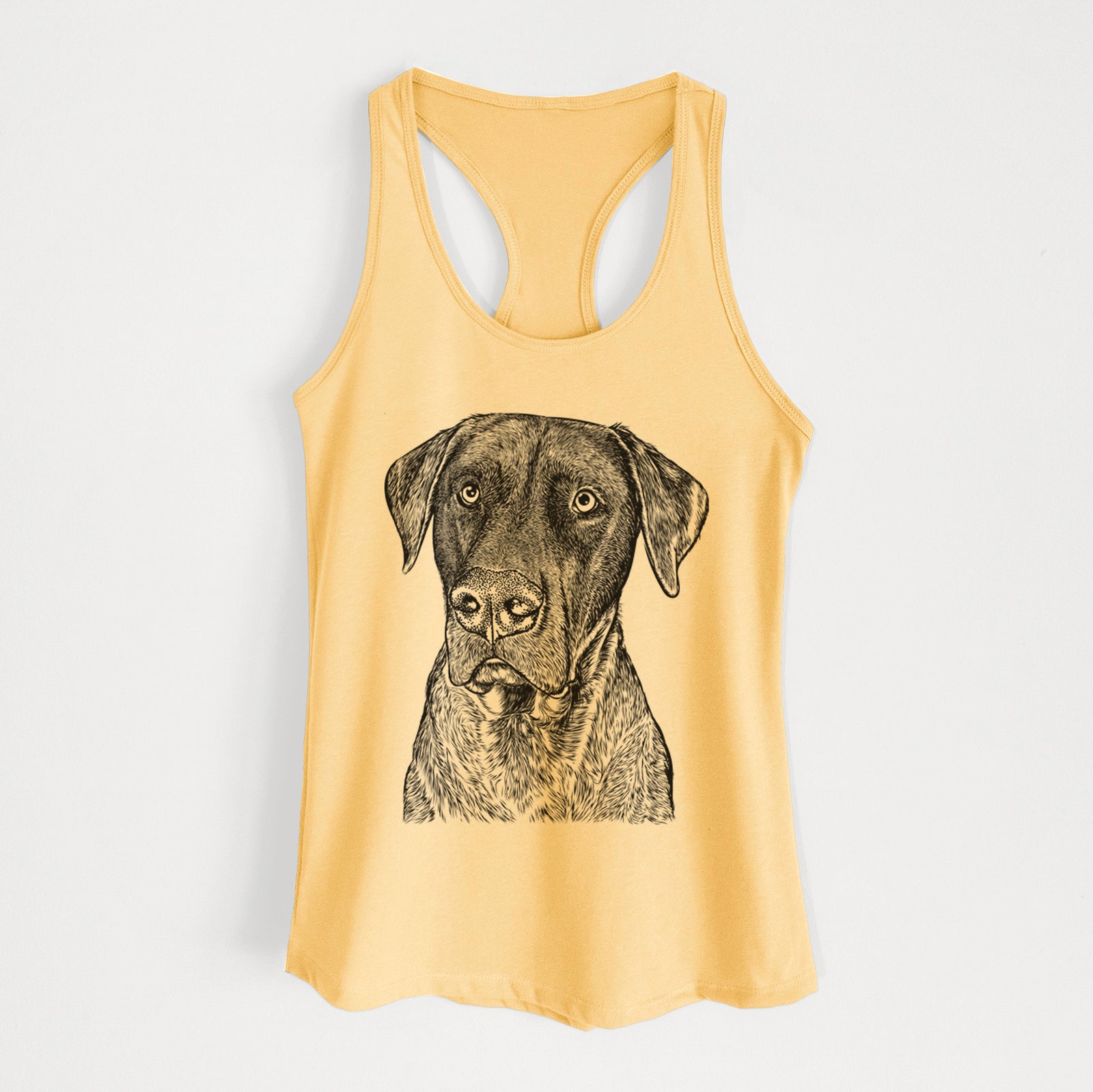 Hand-drawn sketch of David the Boxador on a Banana Cream Women's racerback tanktop