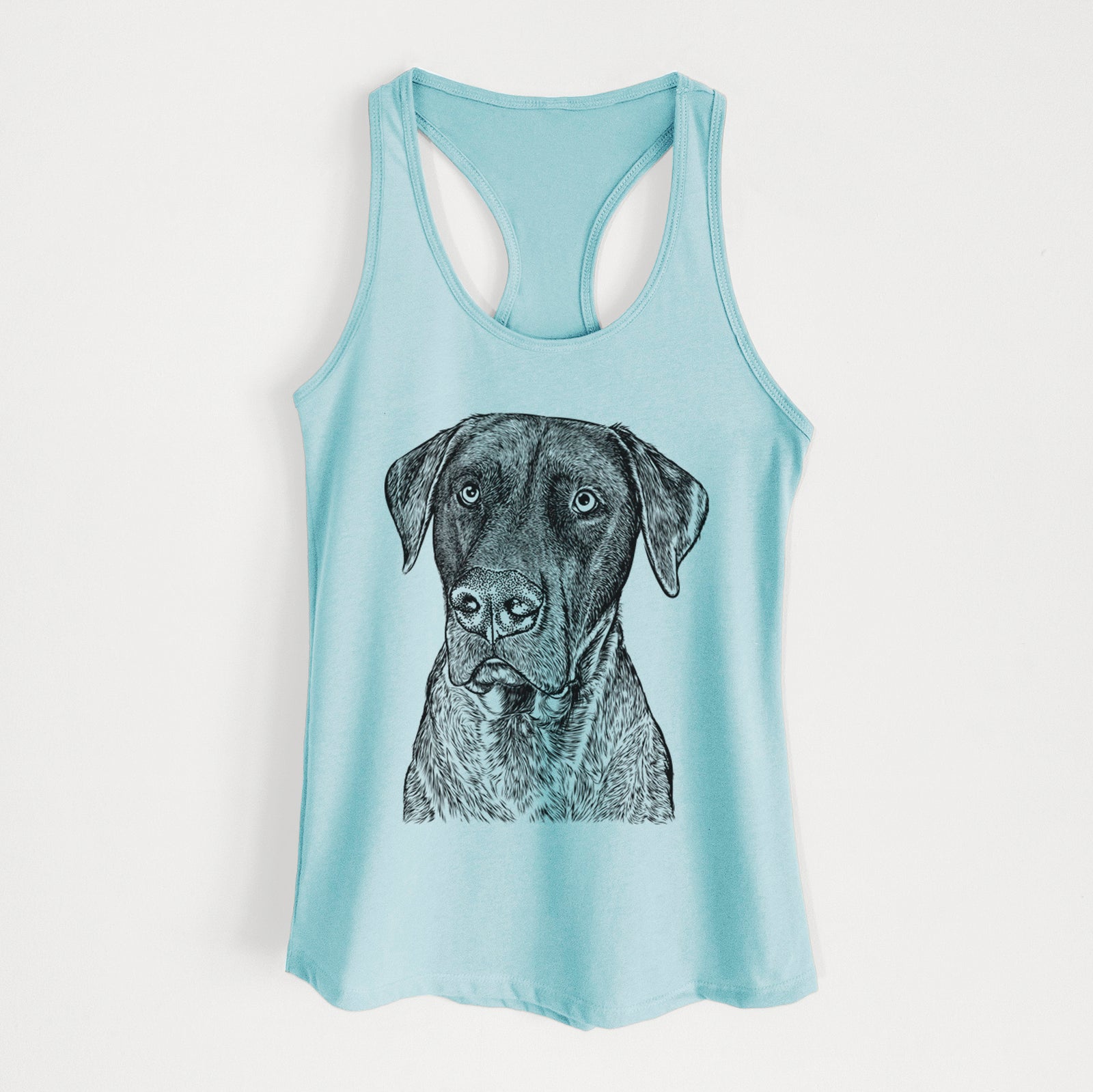 Hand-drawn sketch of David the Boxador on a Cancun Blue Women's racerback tanktop