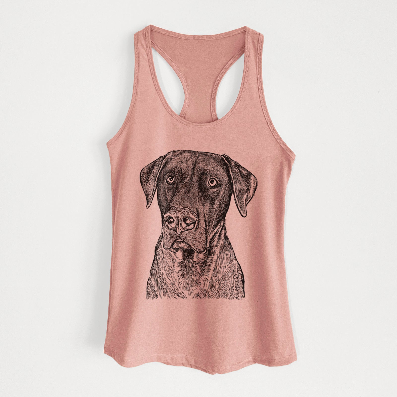 Hand-drawn sketch of David the Boxador on a Desert Pink Women's racerback tanktop