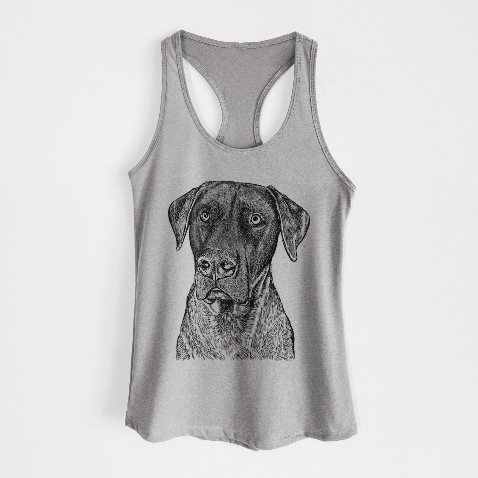 Hand-drawn sketch of David the Boxador on a Heather Grey Women's racerback tanktop
