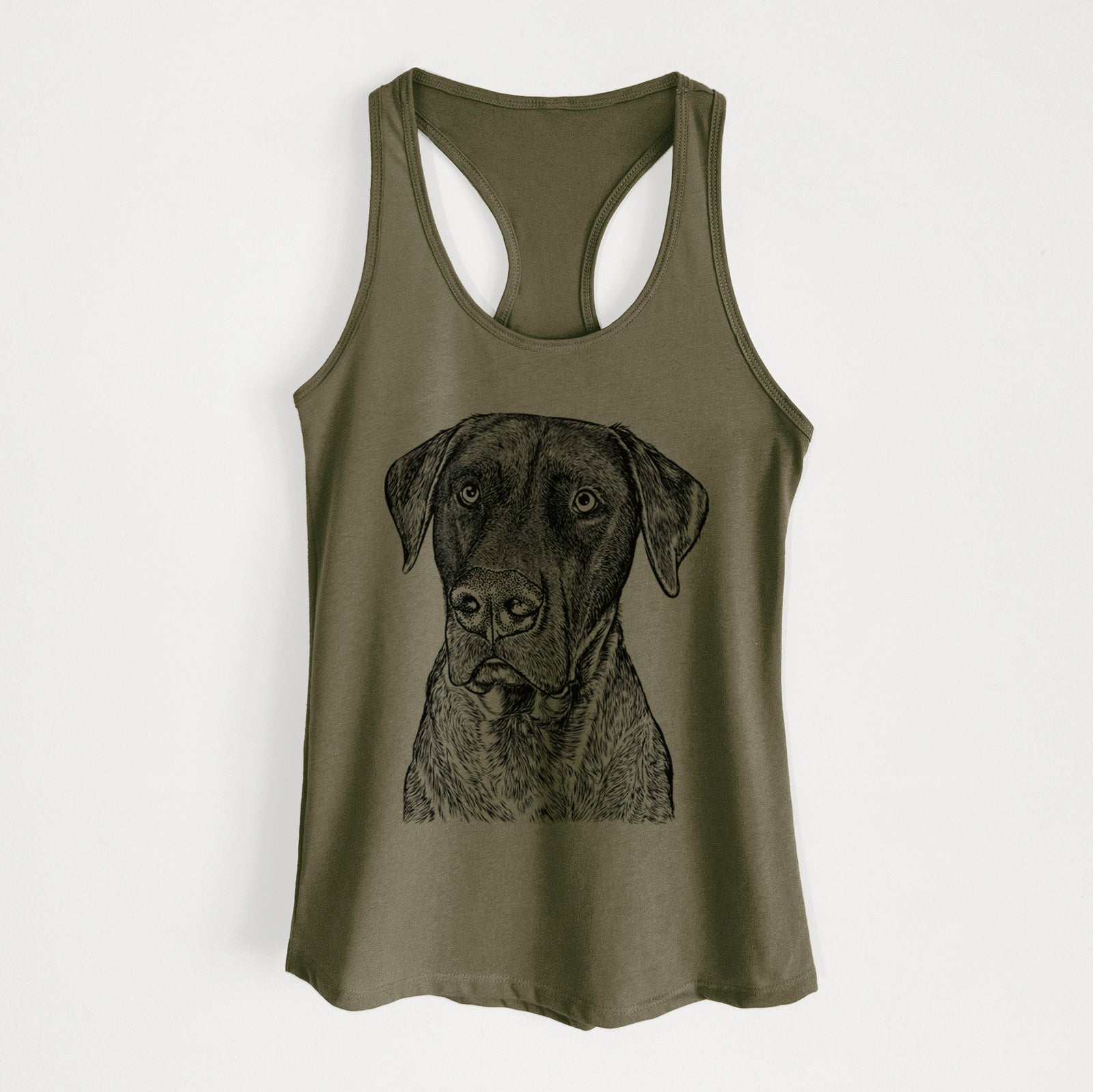 Hand-drawn sketch of David the Boxador on a Military Green Women's racerback tanktop