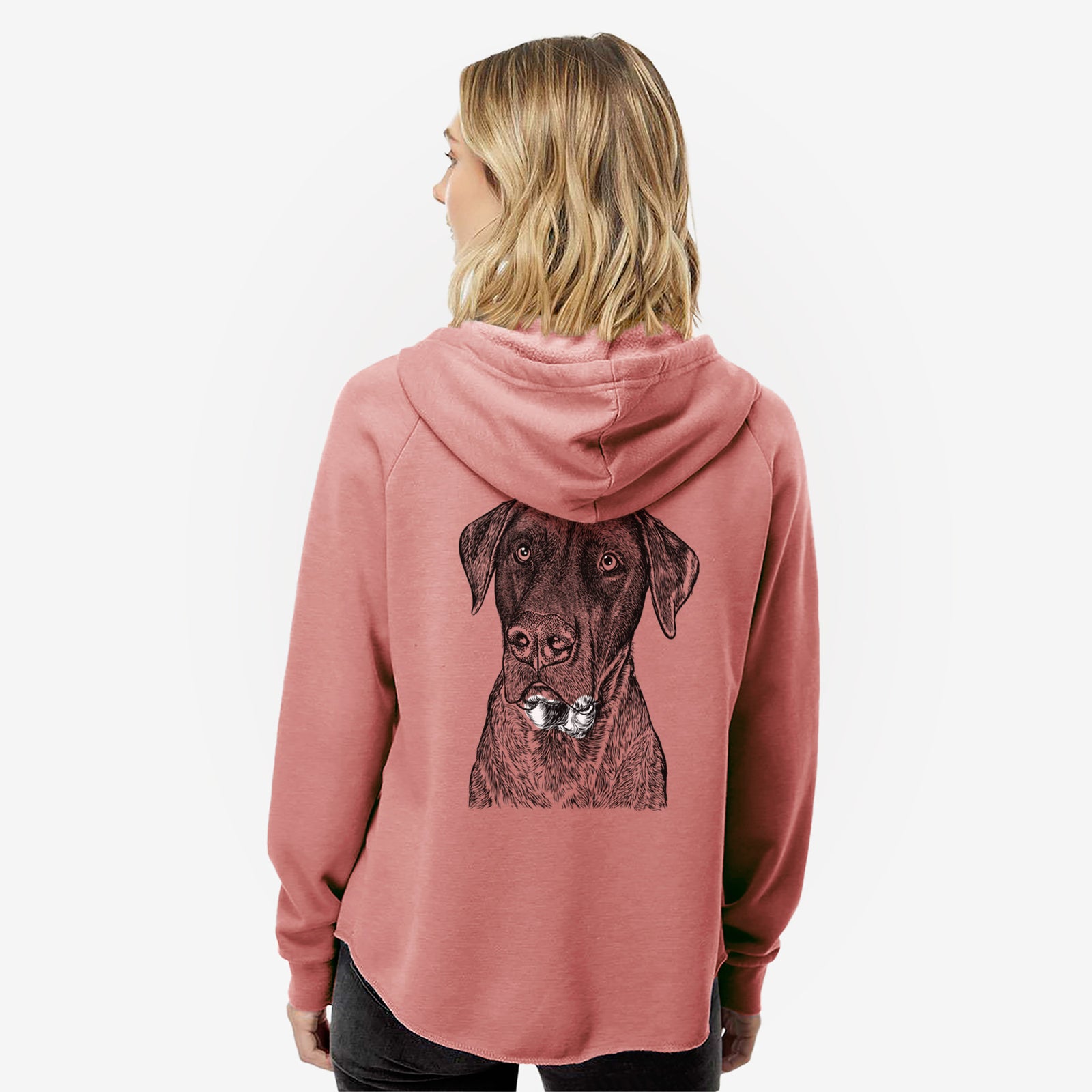 Hand-drawn sketch of David the Boxador on a Dusty Rose Women's cali wave zip-up sweatshirt