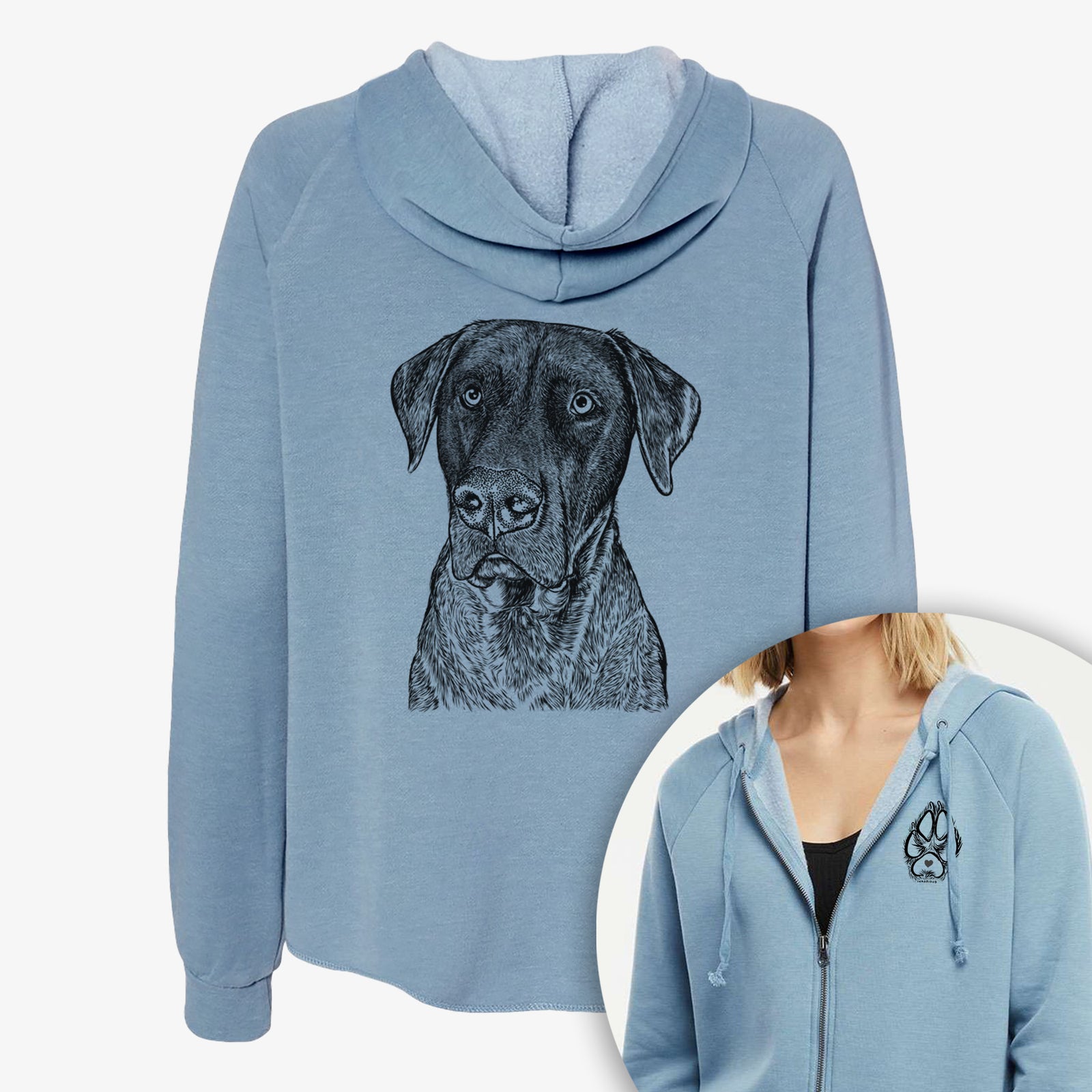 Hand-drawn sketch of David the Boxador on a Women's cali wave zip-up sweatshirt, shown with icons of the other available costume styles