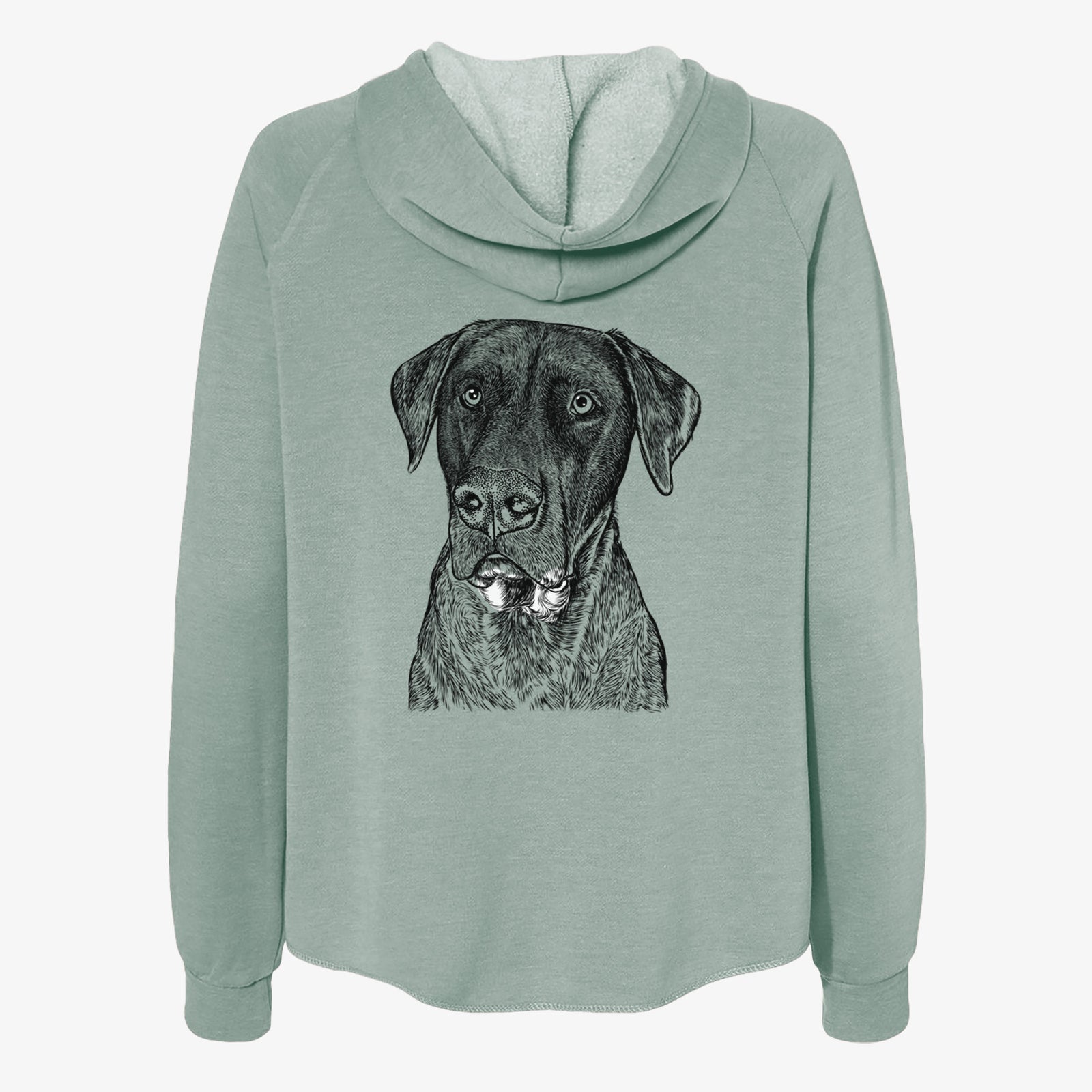 Hand-drawn sketch of David the Boxador on a Sage Women's cali wave zip-up sweatshirt