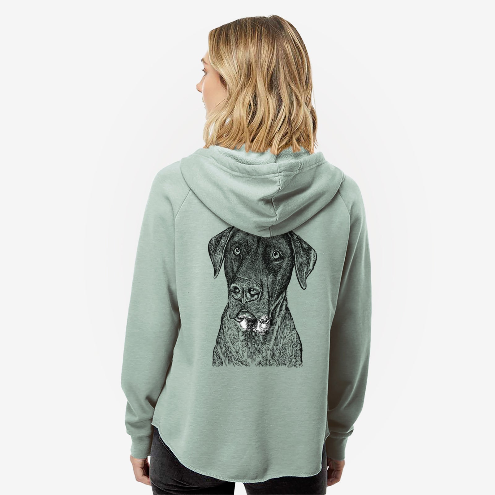Hand-drawn sketch of David the Boxador on a Sage Women's cali wave zip-up sweatshirt