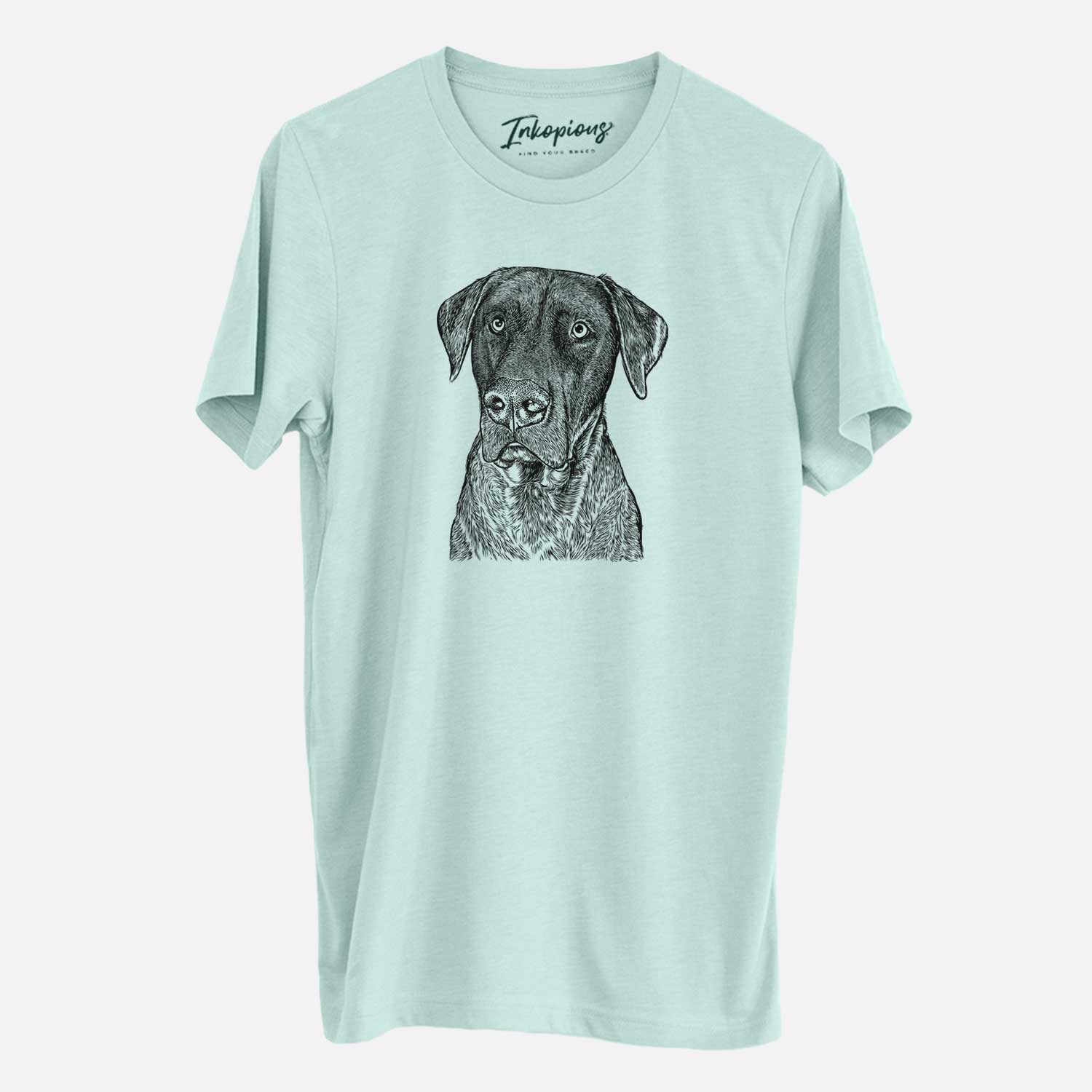 Hand-drawn sketch of David the Boxador on a Heather Sage Unisex crewneck