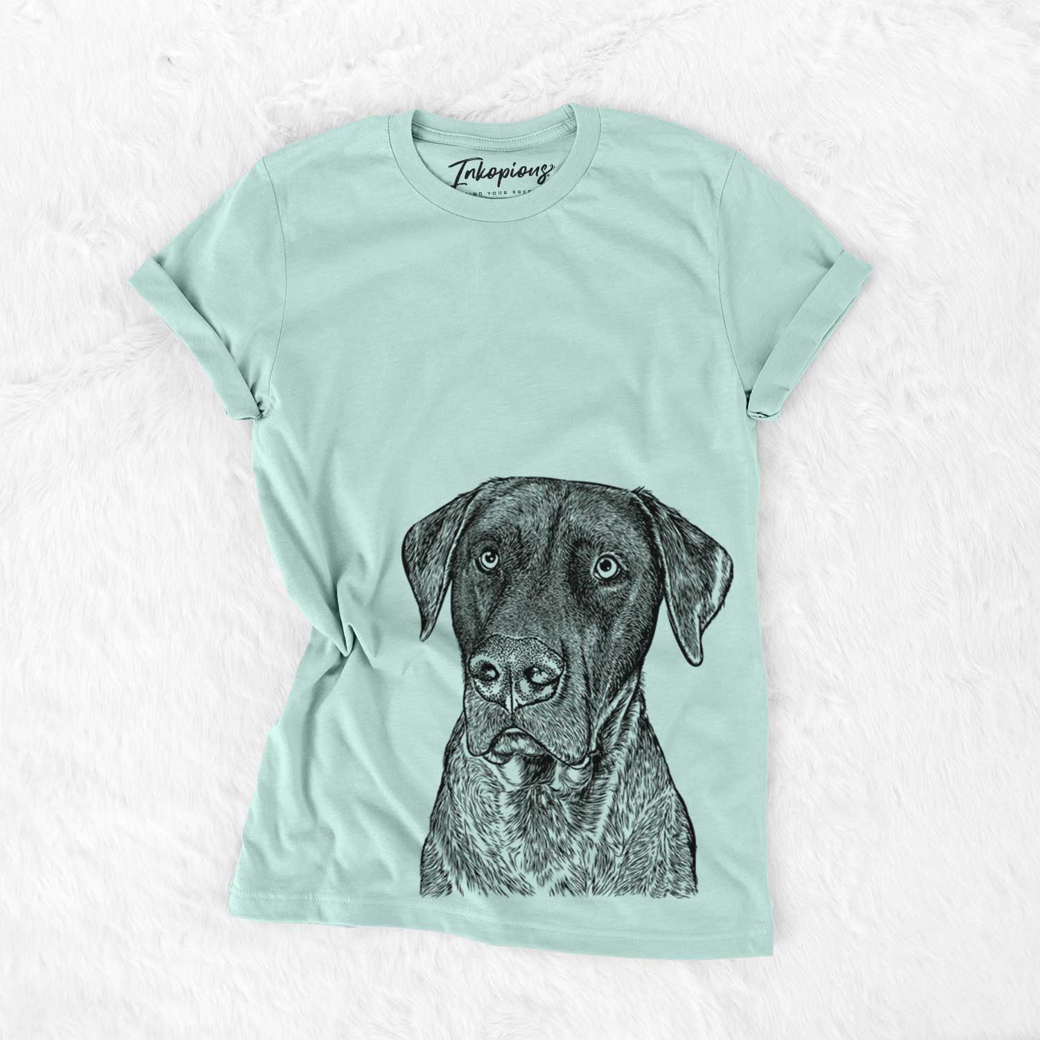 Hand-drawn sketch of David the Boxador on a Heather Sage Unisex crewneck