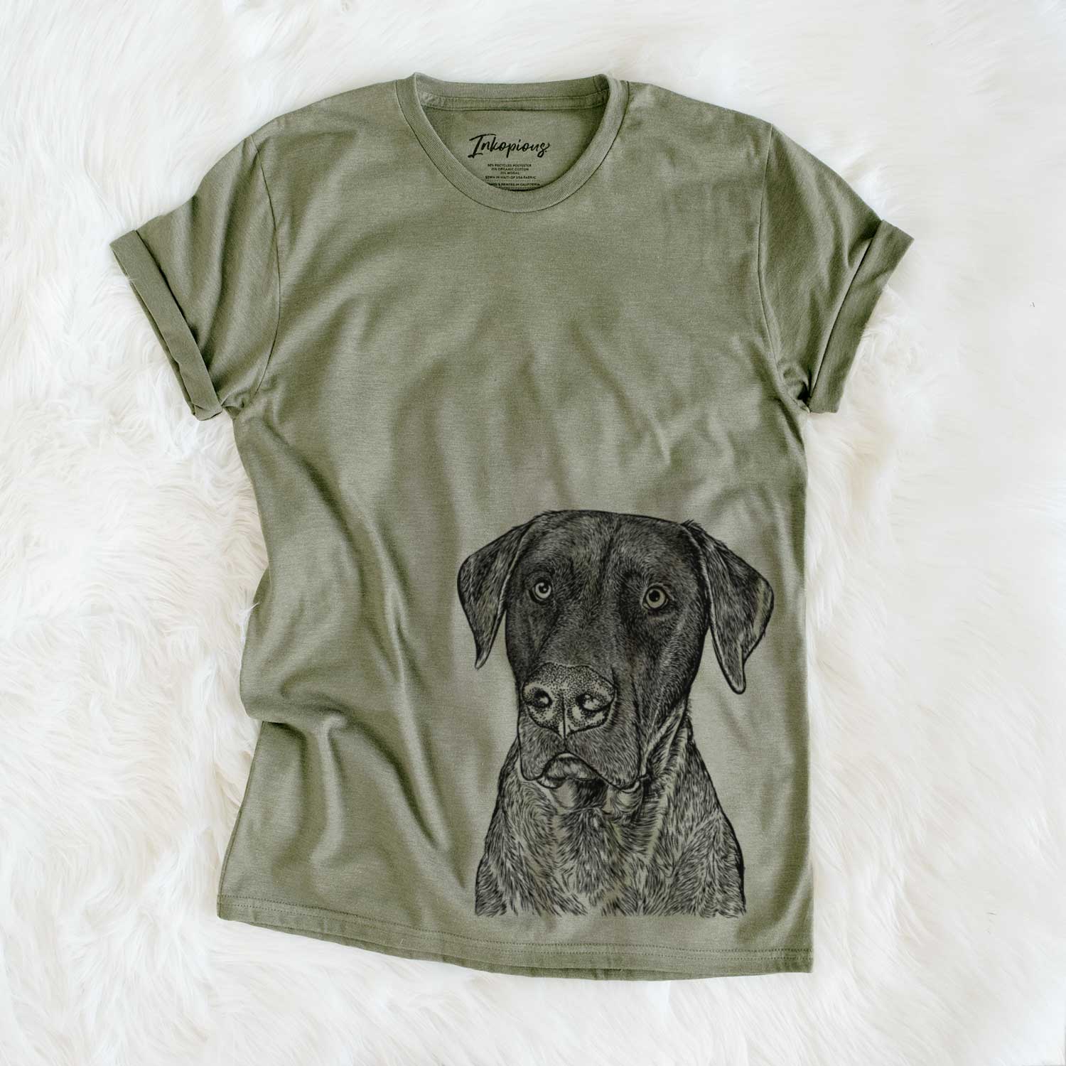 Hand-drawn sketch of David the Boxador on an Olive Unisex crewneck
