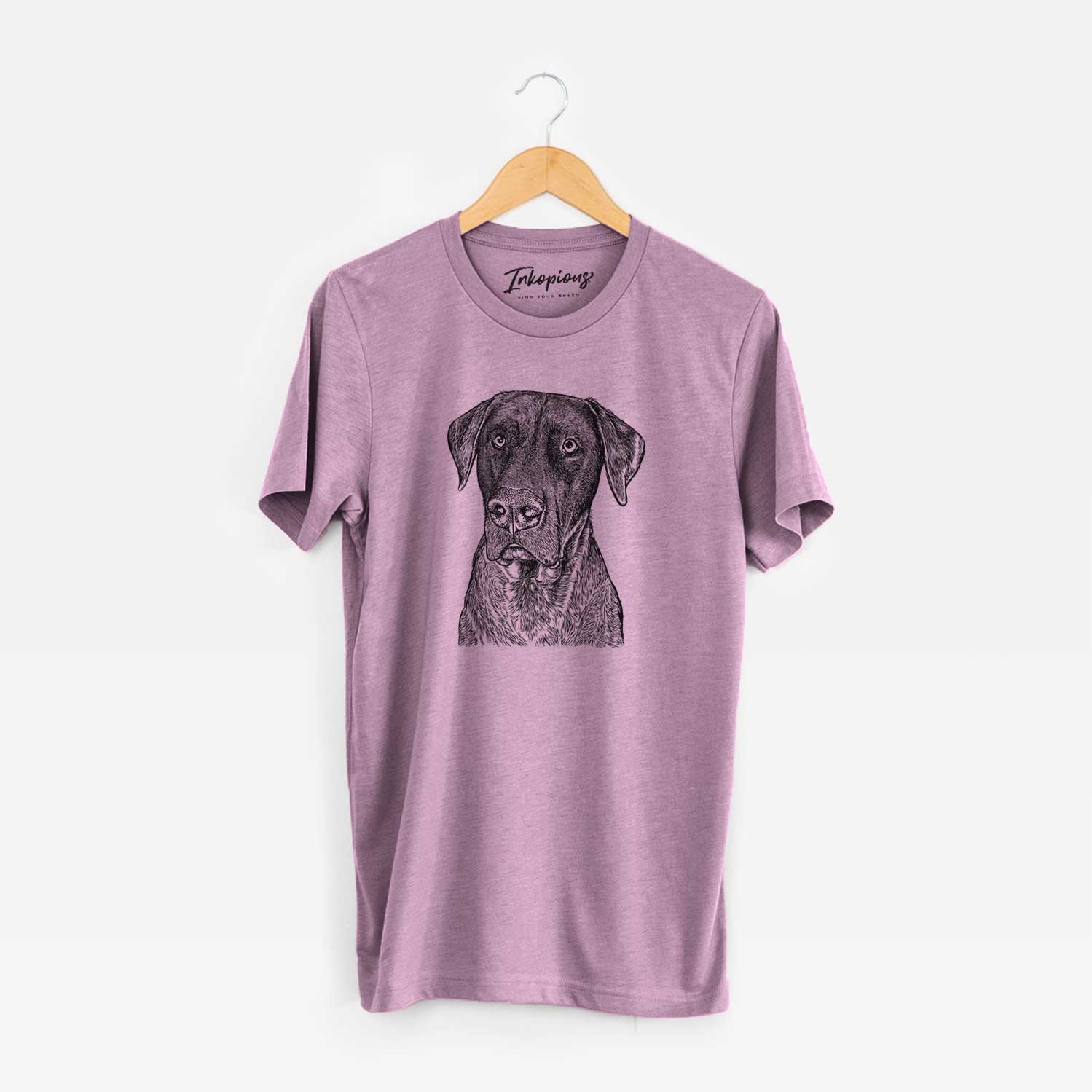 Hand-drawn sketch of David the Boxador on an Orchid Unisex crewneck