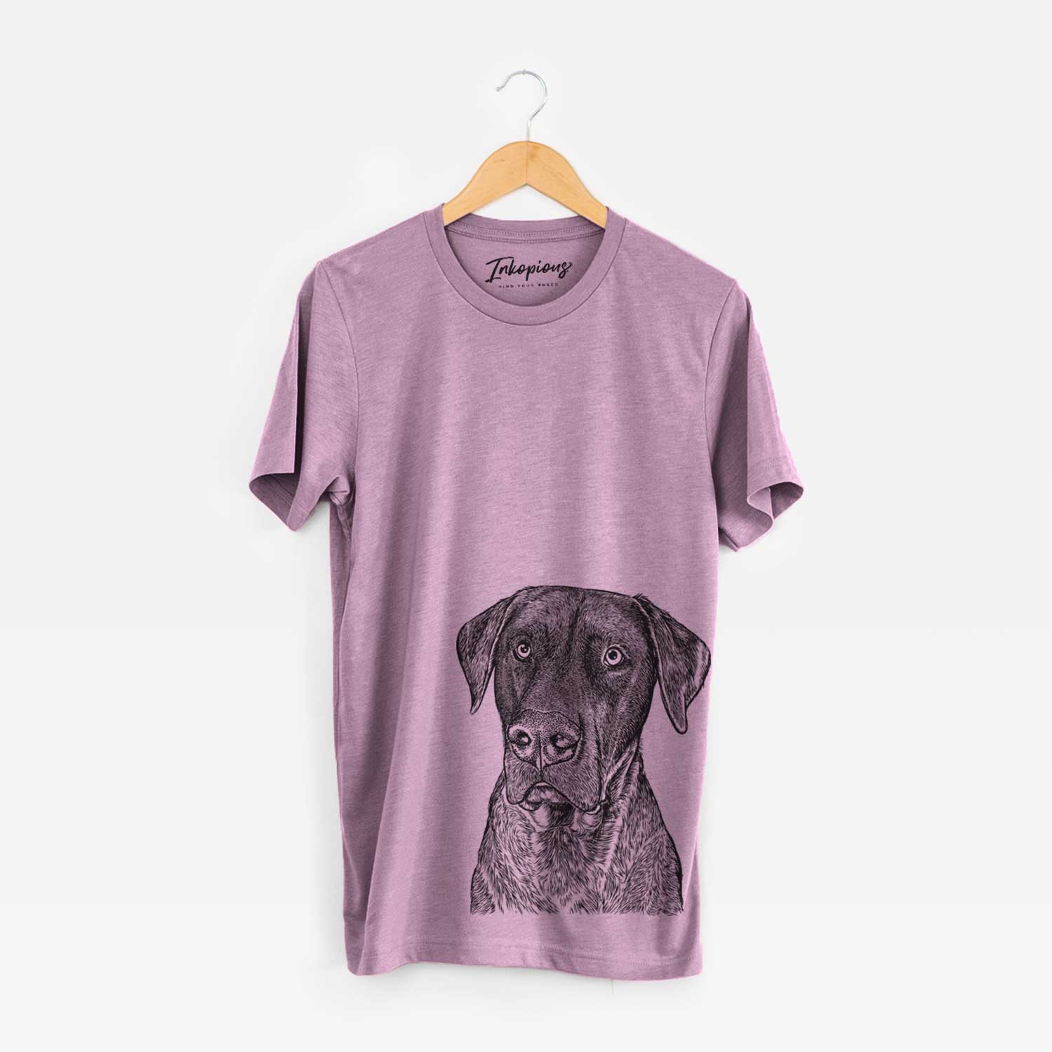 Hand-drawn sketch of David the Boxador on an Orchid Unisex crewneck