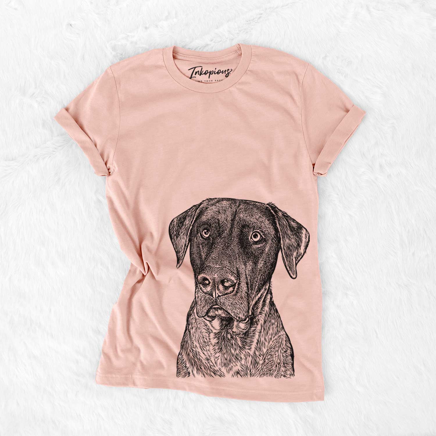 Hand-drawn sketch of David the Boxador on a Peach Bella Canvas Unisex Crewneck