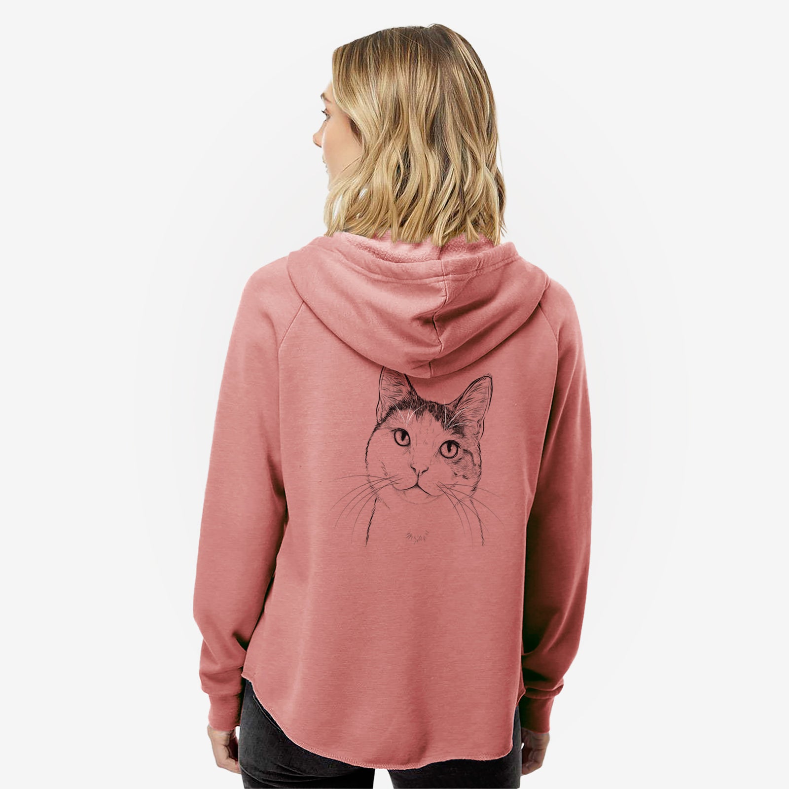 Hand-drawn sketch of Denver the Calico Cat on a Dusty Rose Women's cali wave zip-up sweatshirt