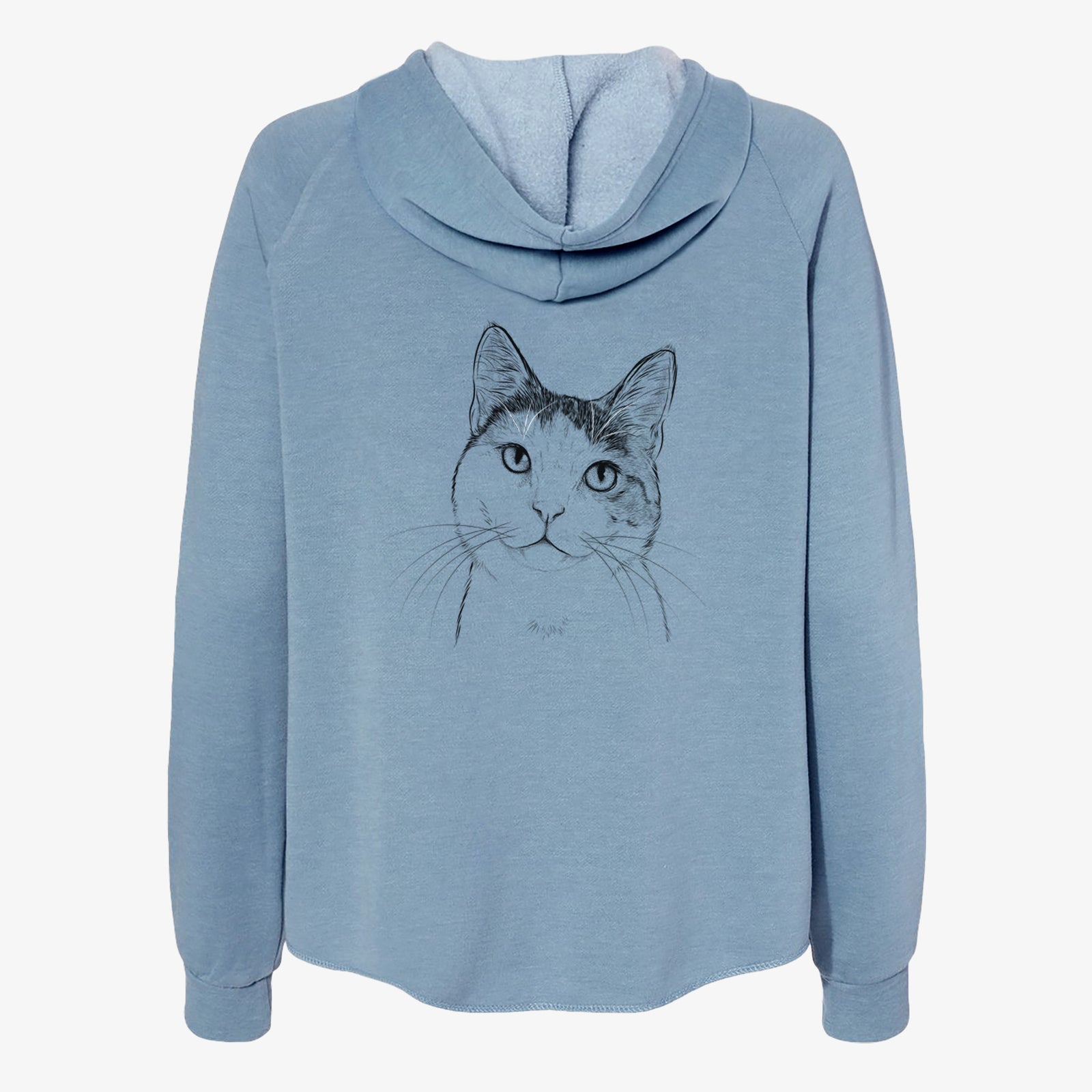 Hand-drawn sketch of Denver the Calico Cat on a Misty Blue Women's cali wave zip-up sweatshirt
