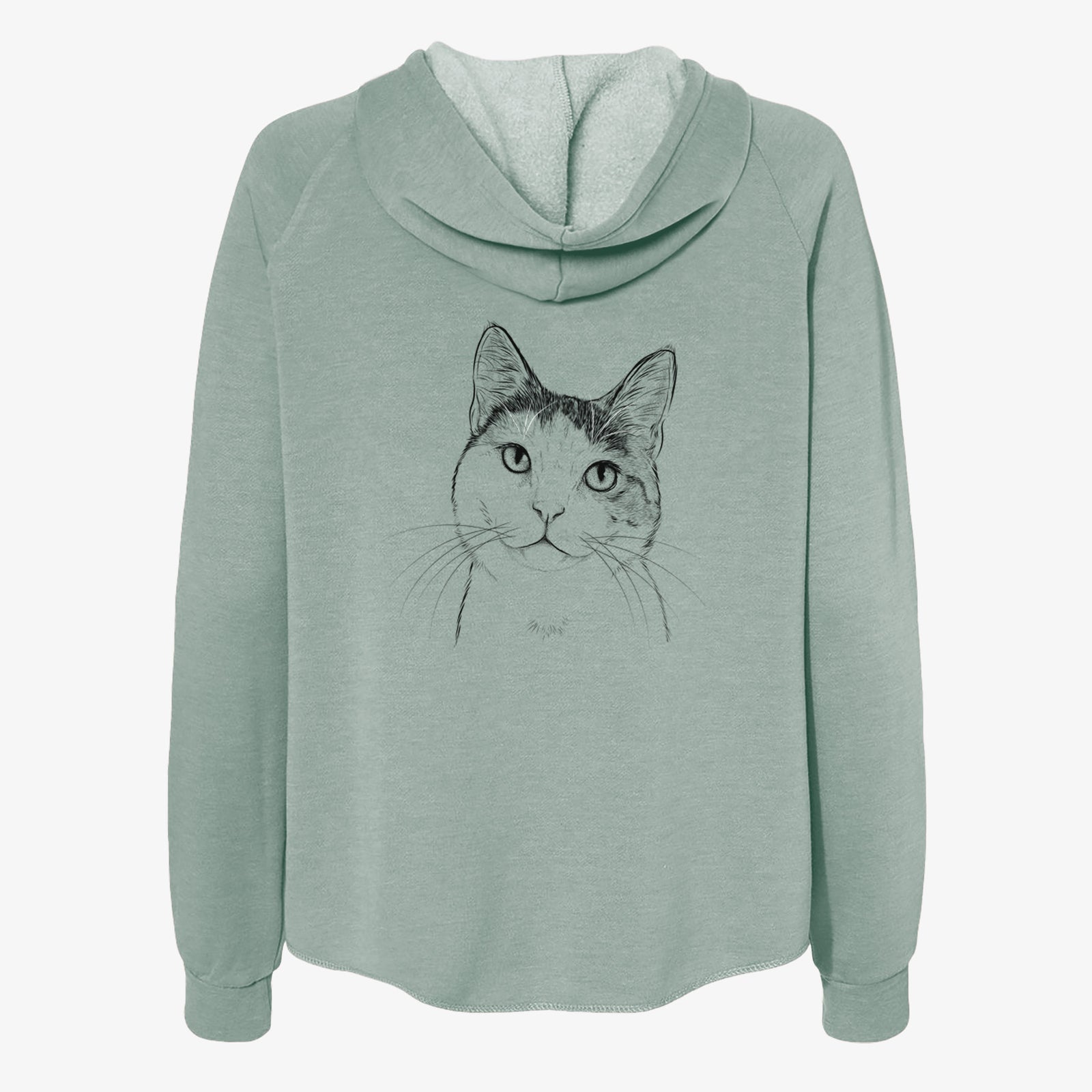 Hand-drawn sketch of Denver the Calico Cat on a Sage Women's cali wave zip-up sweatshirt