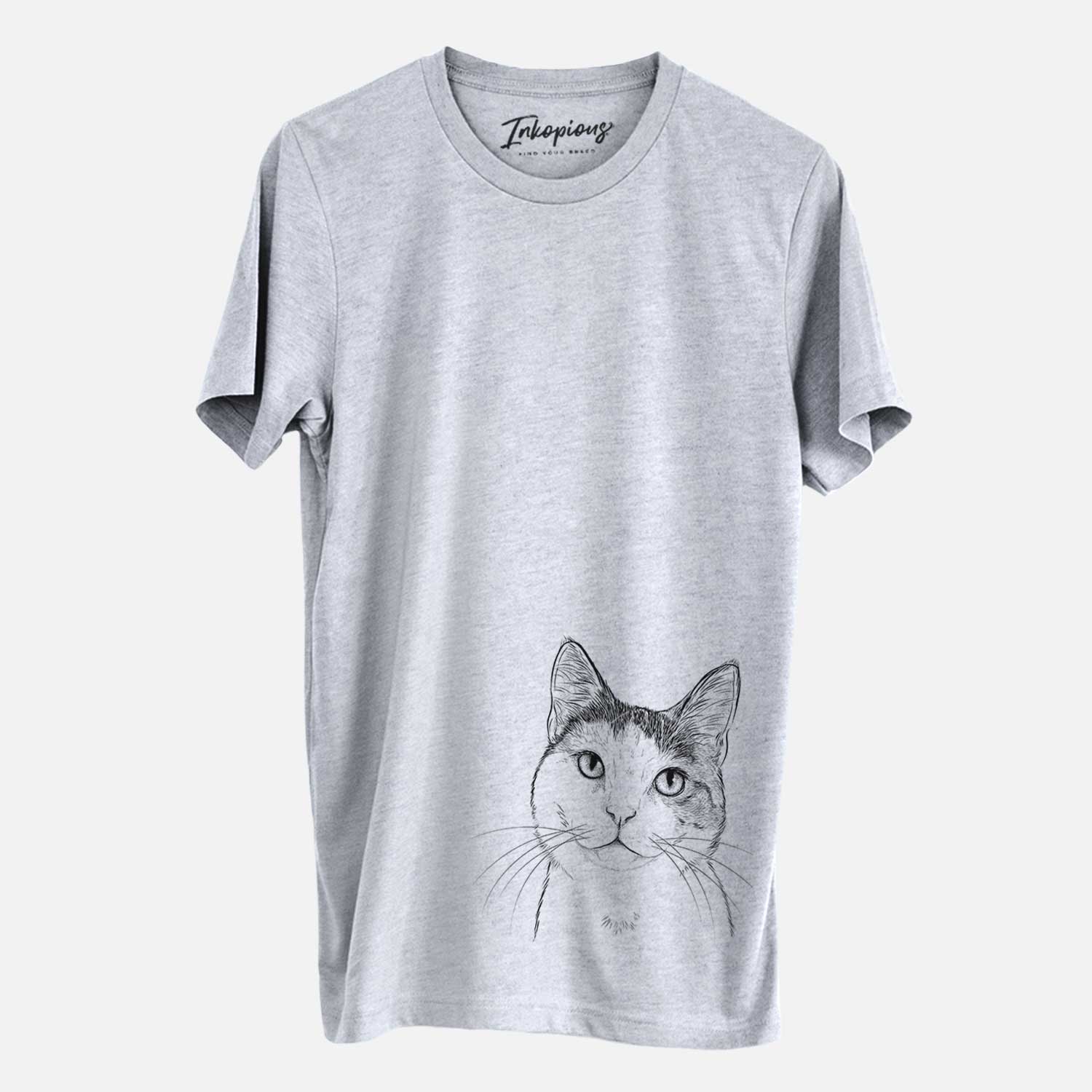 Hand-drawn sketch of Denver the Calico Cat on a Grey Unisex crewneck