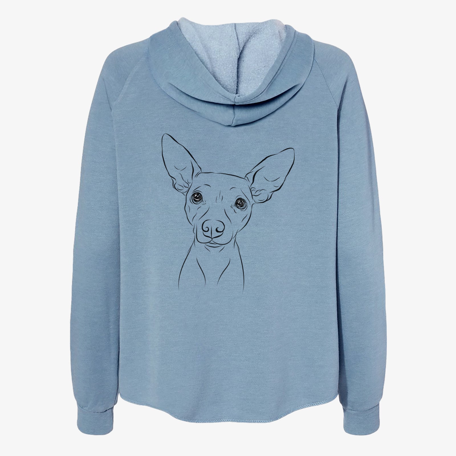 Hand-drawn sketch of Desi the American Hairless Terrier on a Misty Blue Women's cali wave zip-up sweatshirt