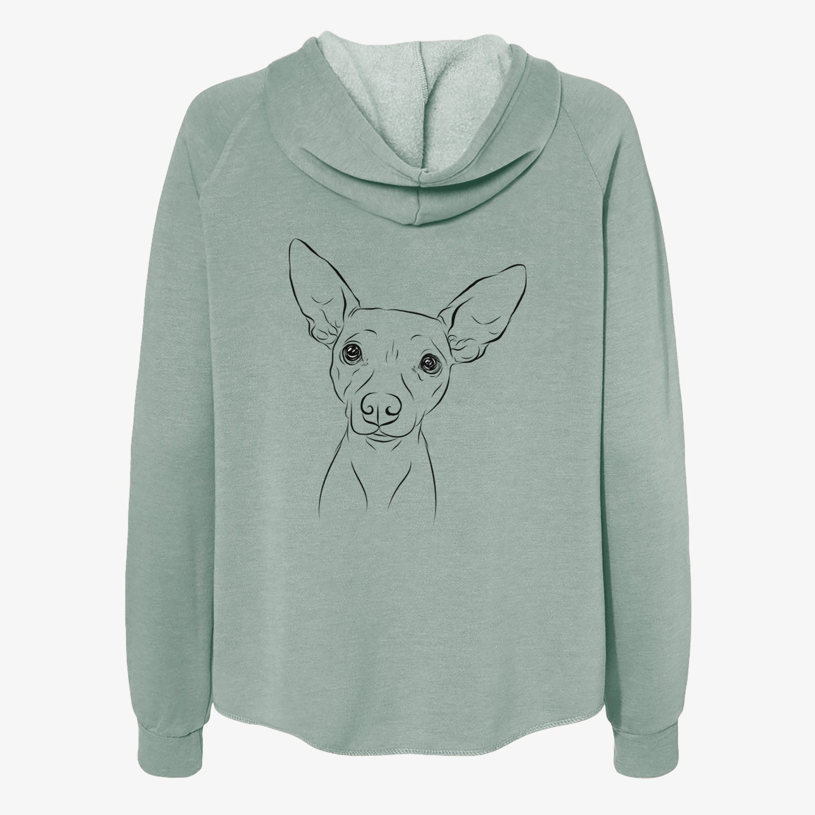 Hand-drawn sketch of Desi the American Hairless Terrier on a Sage Women's cali wave zip-up sweatshirt