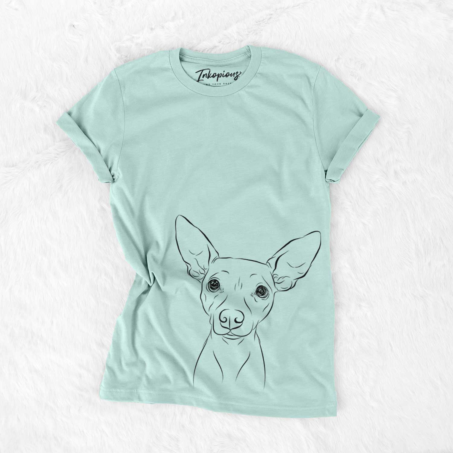 Hand-drawn sketch of Desi the American Hairless Terrier on a Heather Sage Unisex crewneck