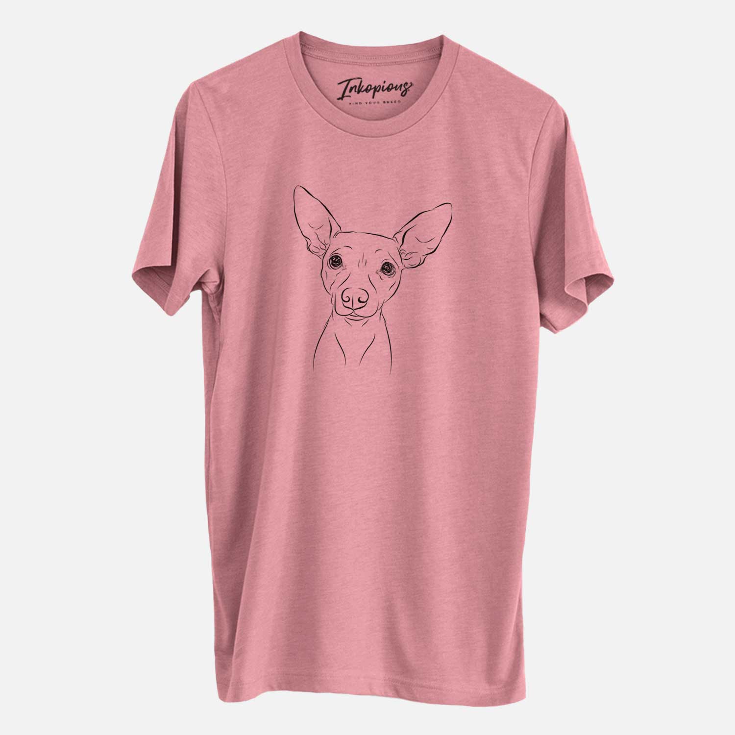 Hand-drawn sketch of Desi the American Hairless Terrier on a Mauve Unisex crewneck