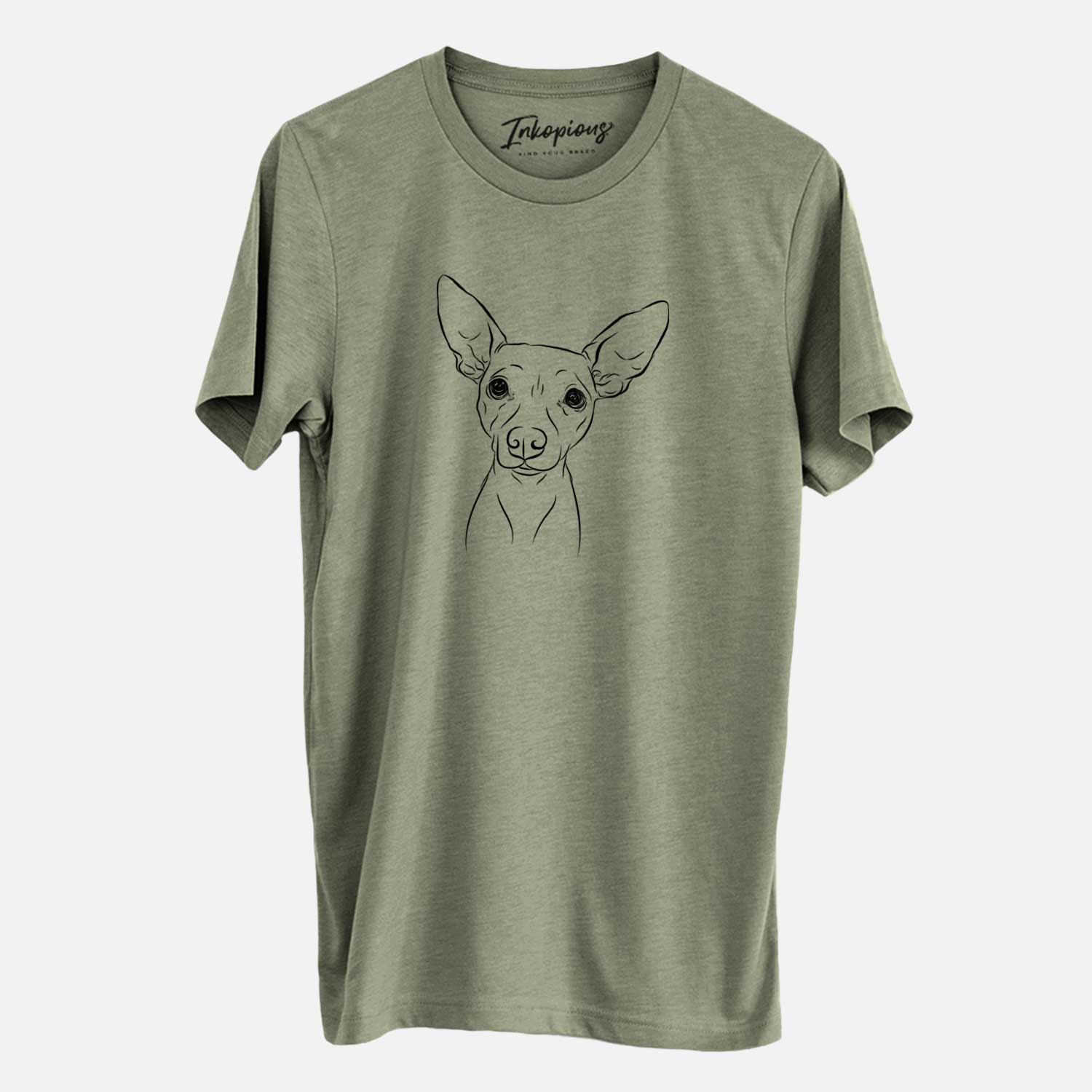 Hand-drawn sketch of Desi the American Hairless Terrier on an Olive Unisex crewneck
