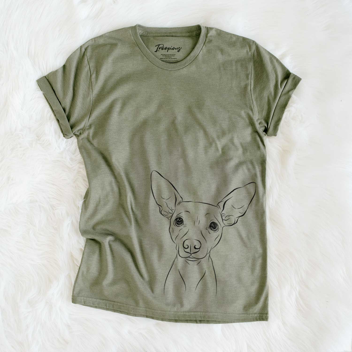 Hand-drawn sketch of Desi the American Hairless Terrier on an Olive Unisex crewneck