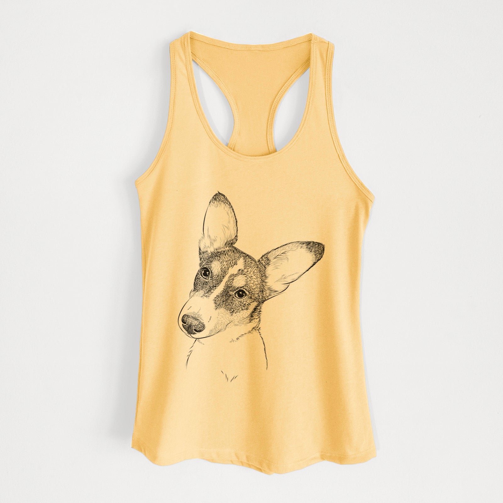 Hand-drawn sketch of Dexter the Corgi on a Banana Cream Women's racerback tanktop