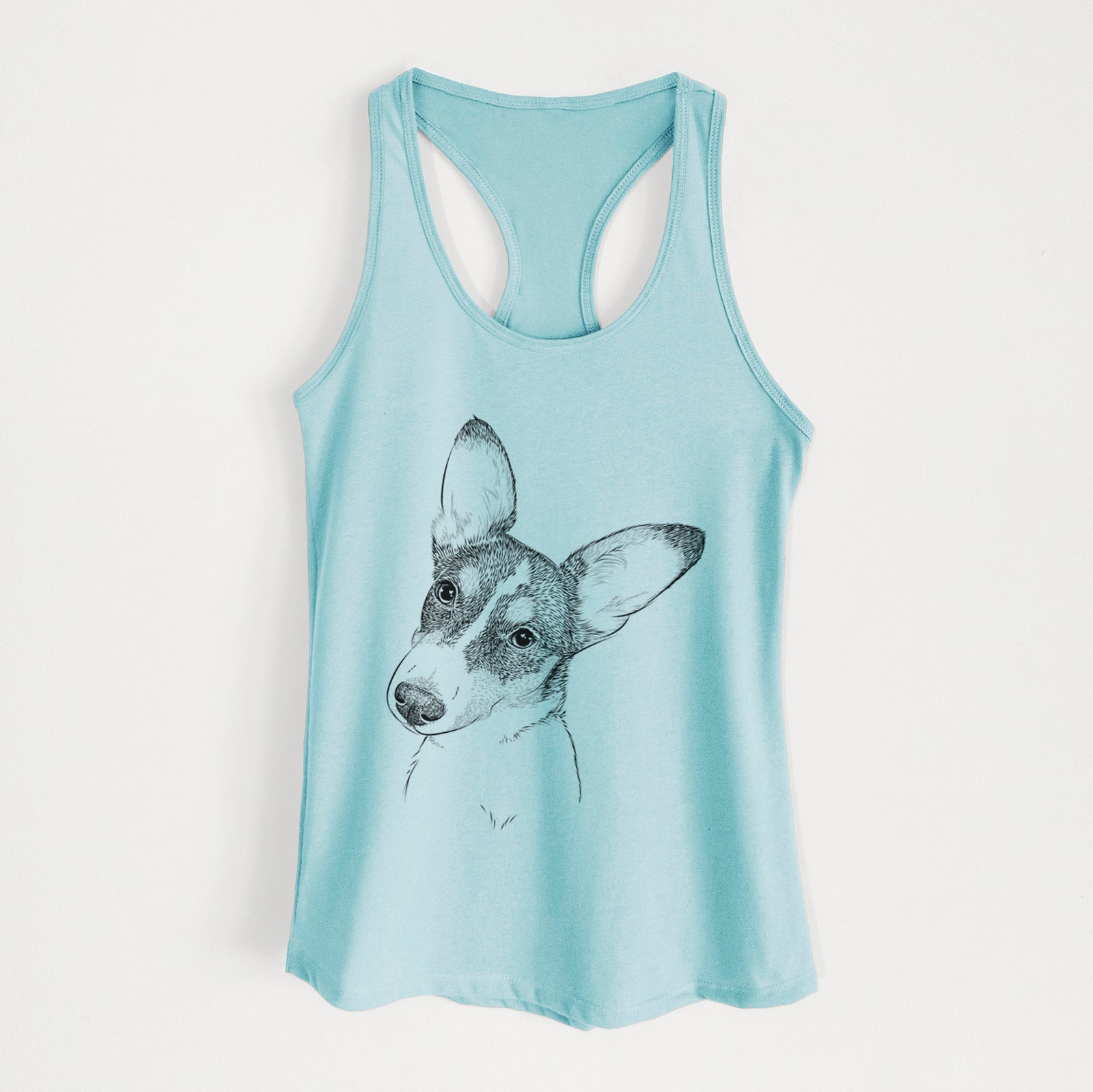 Hand-drawn sketch of Dexter the Corgi on a Cancun Blue Women's racerback tanktop