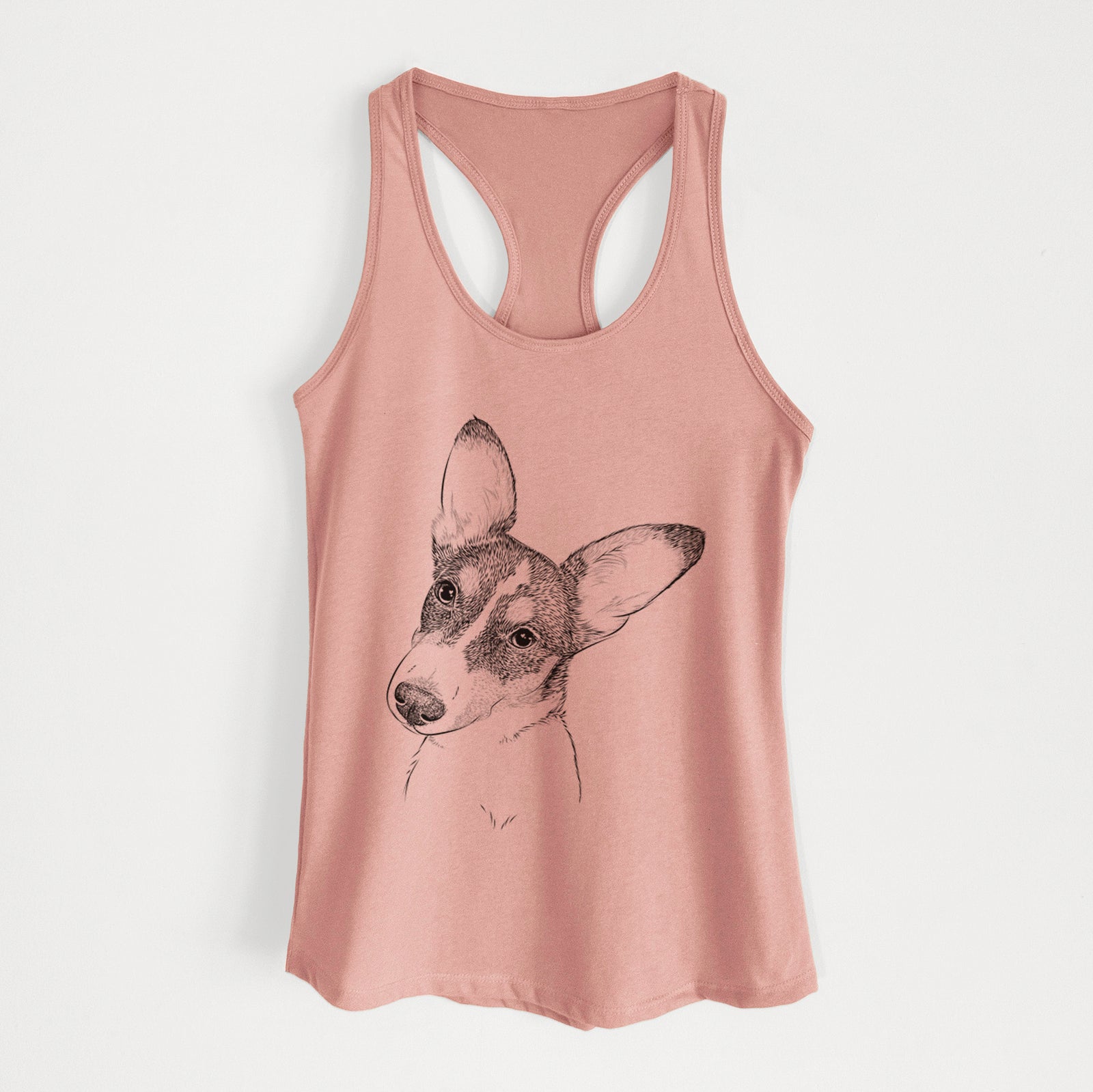 Hand-drawn sketch of Dexter the Corgi on a Desert Pink Women's racerback tanktop