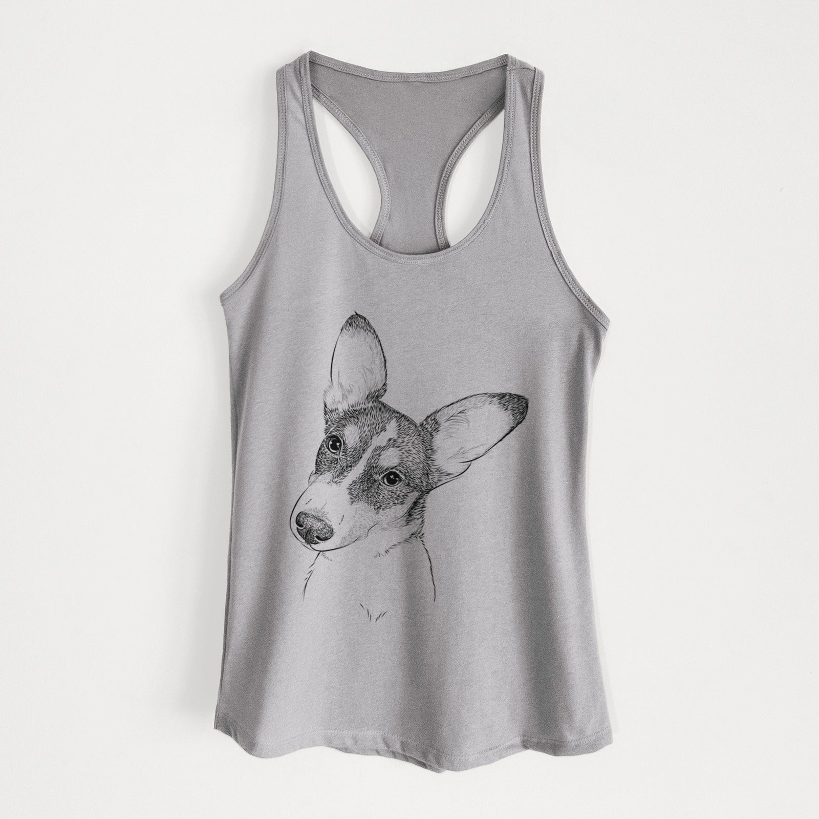 Hand-drawn sketch of Dexter the Corgi on a Heather Grey Women's racerback tanktop