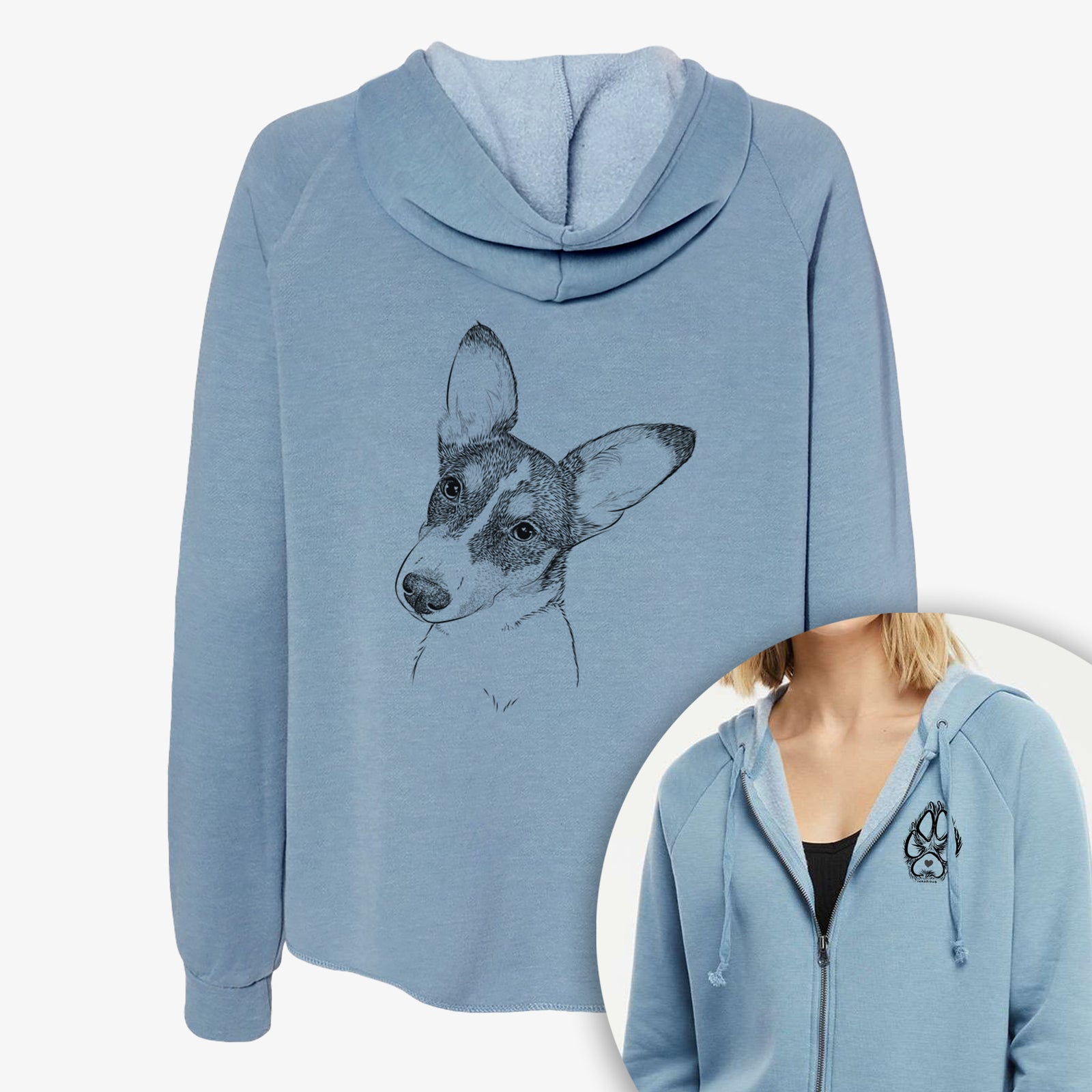 Hand-drawn sketch of Dexter the Corgi on a Women's cali wave zip-up sweatshirt, shown with icons of the other available costume styles