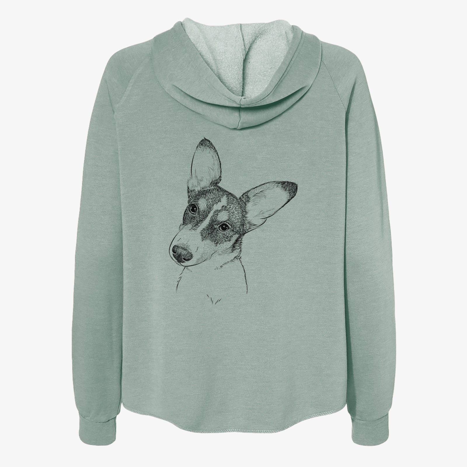 Hand-drawn sketch of Dexter the Corgi on a Sage Women's cali wave zip-up sweatshirt