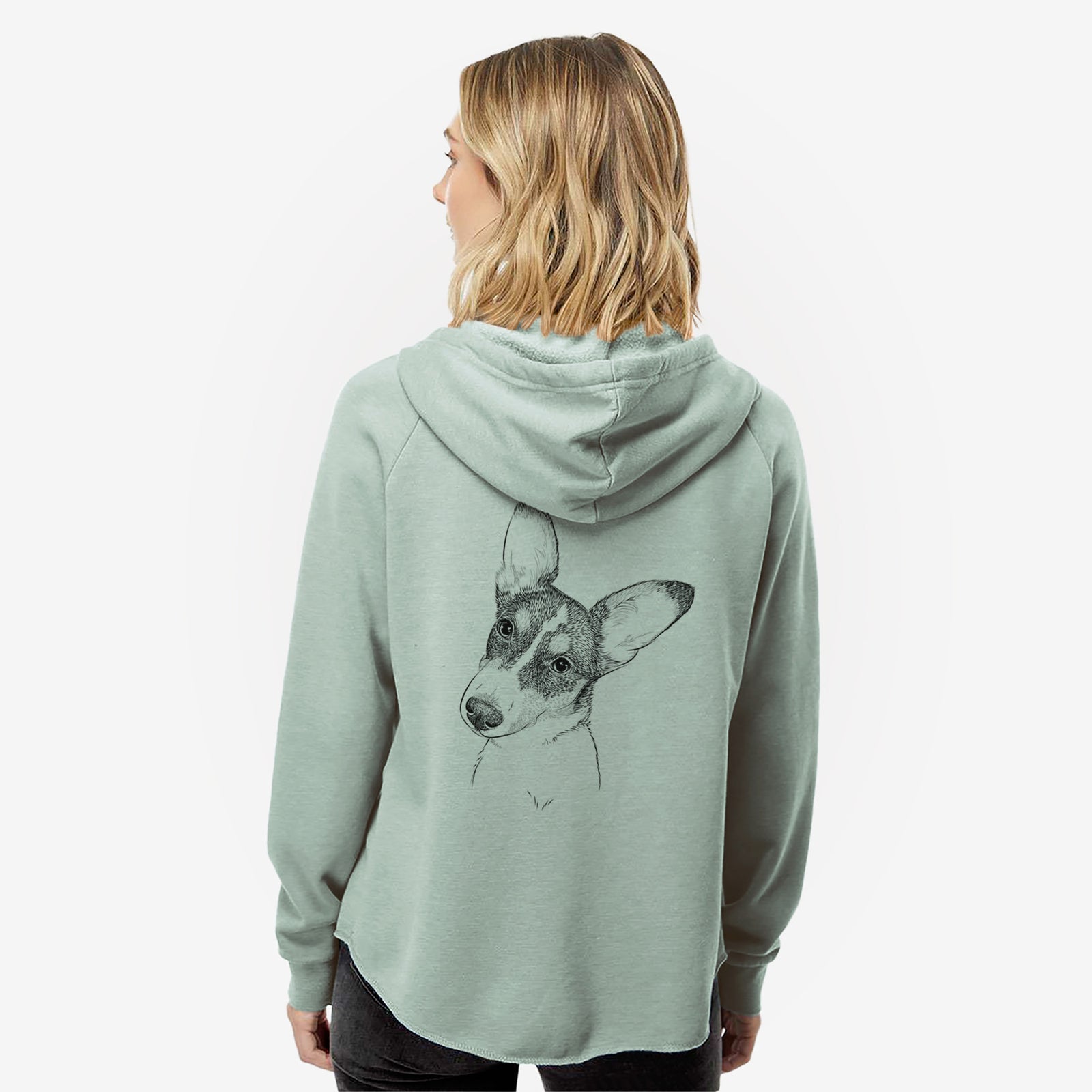 Hand-drawn sketch of Dexter the Corgi on a Sage Women's cali wave zip-up sweatshirt