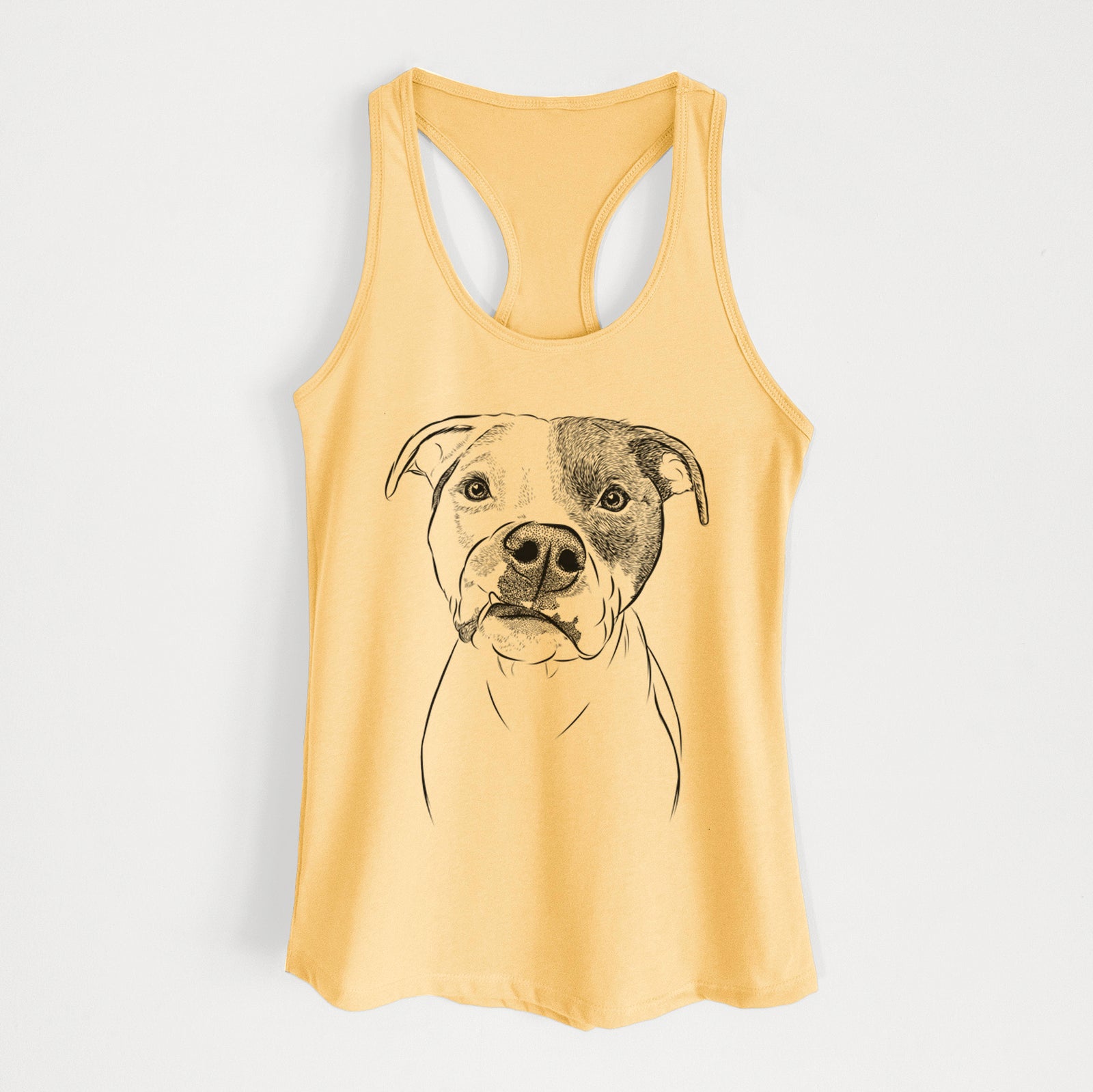 Hand-drawn sketch of Dexter the Pitbull on a Banana Cream Women's racerback tanktop