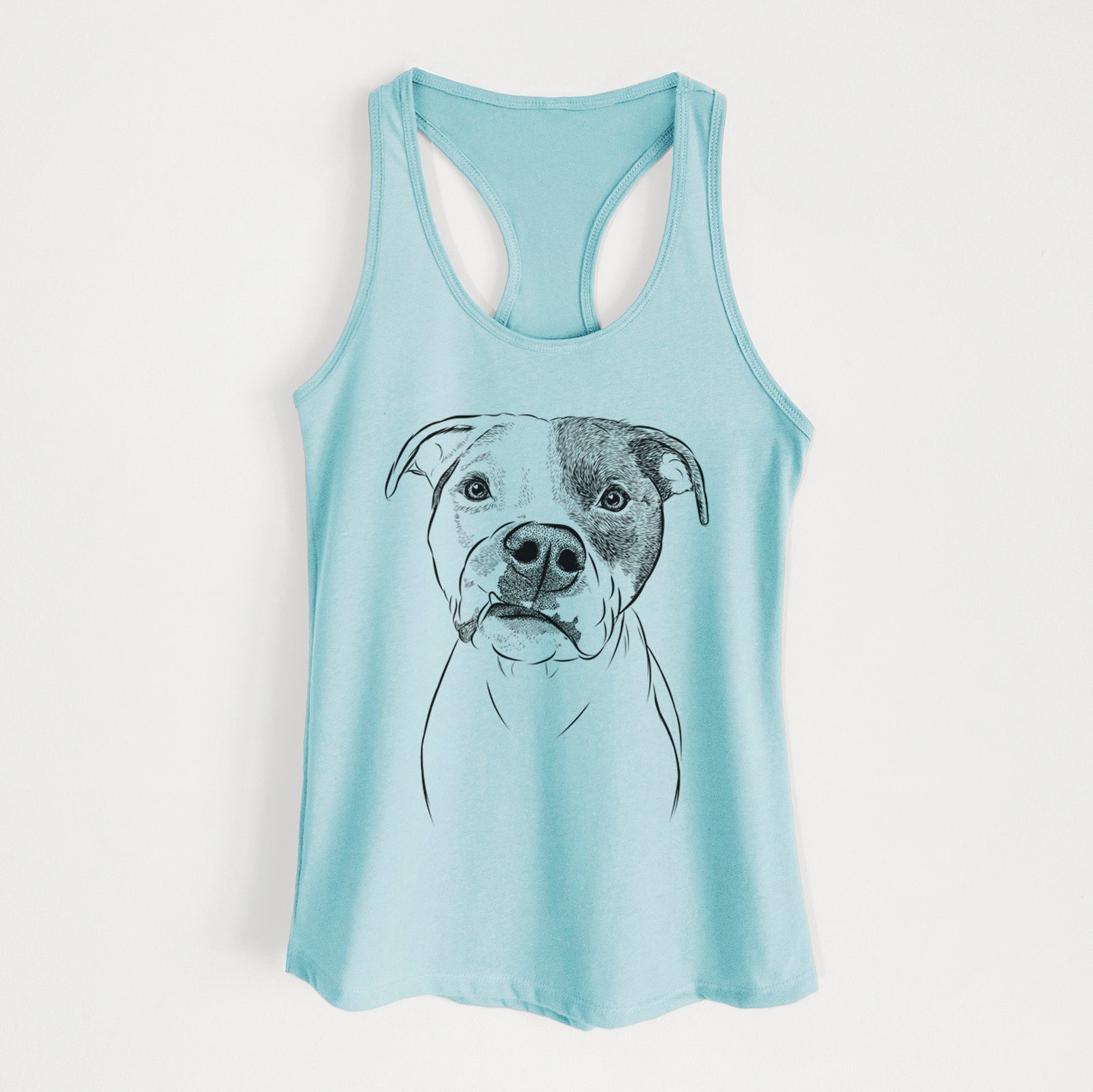 Hand-drawn sketch of Dexter the Pitbull on a Cancun Blue Women's racerback tanktop