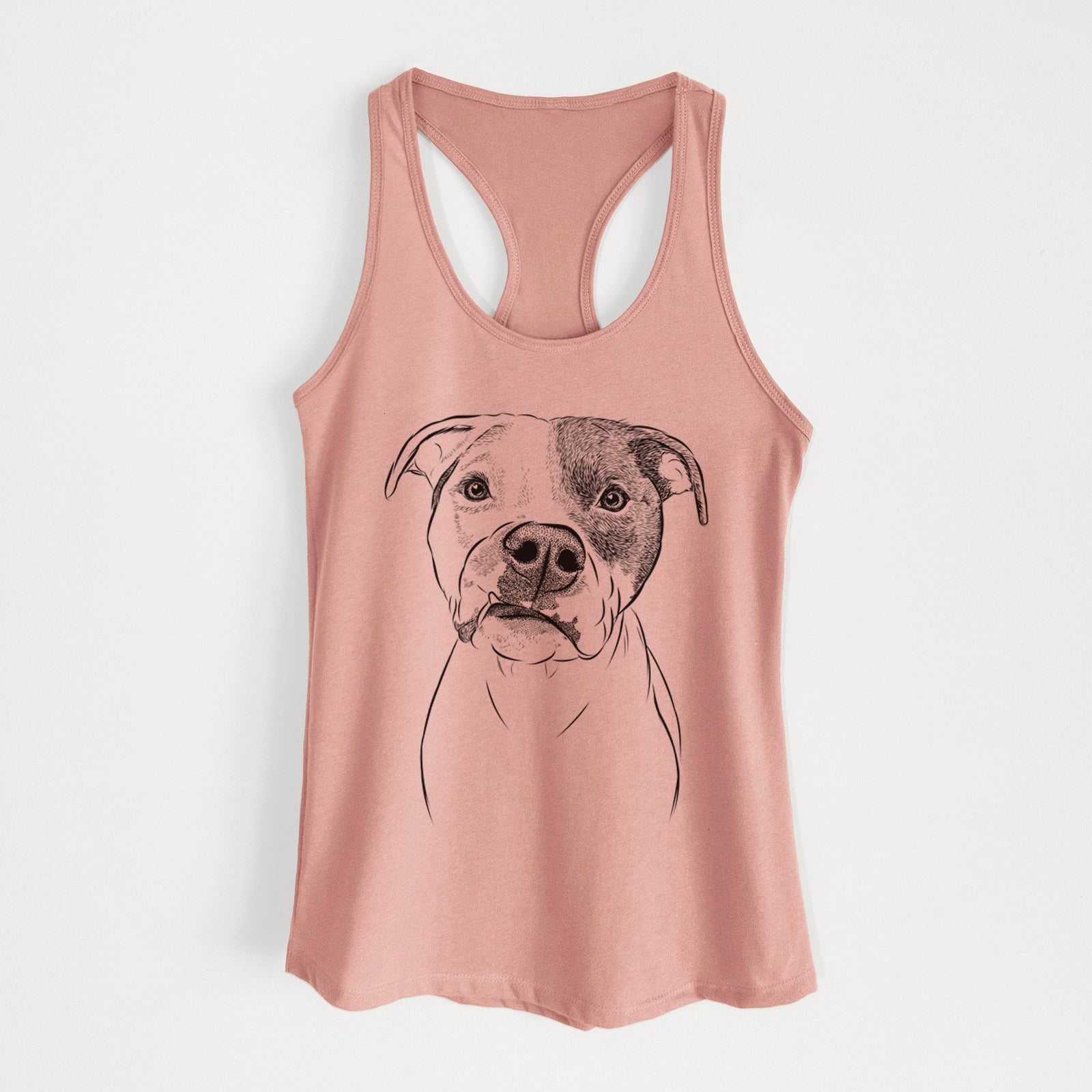 Hand-drawn sketch of Dexter the Pitbull on a Desert Pink Women's racerback tanktop