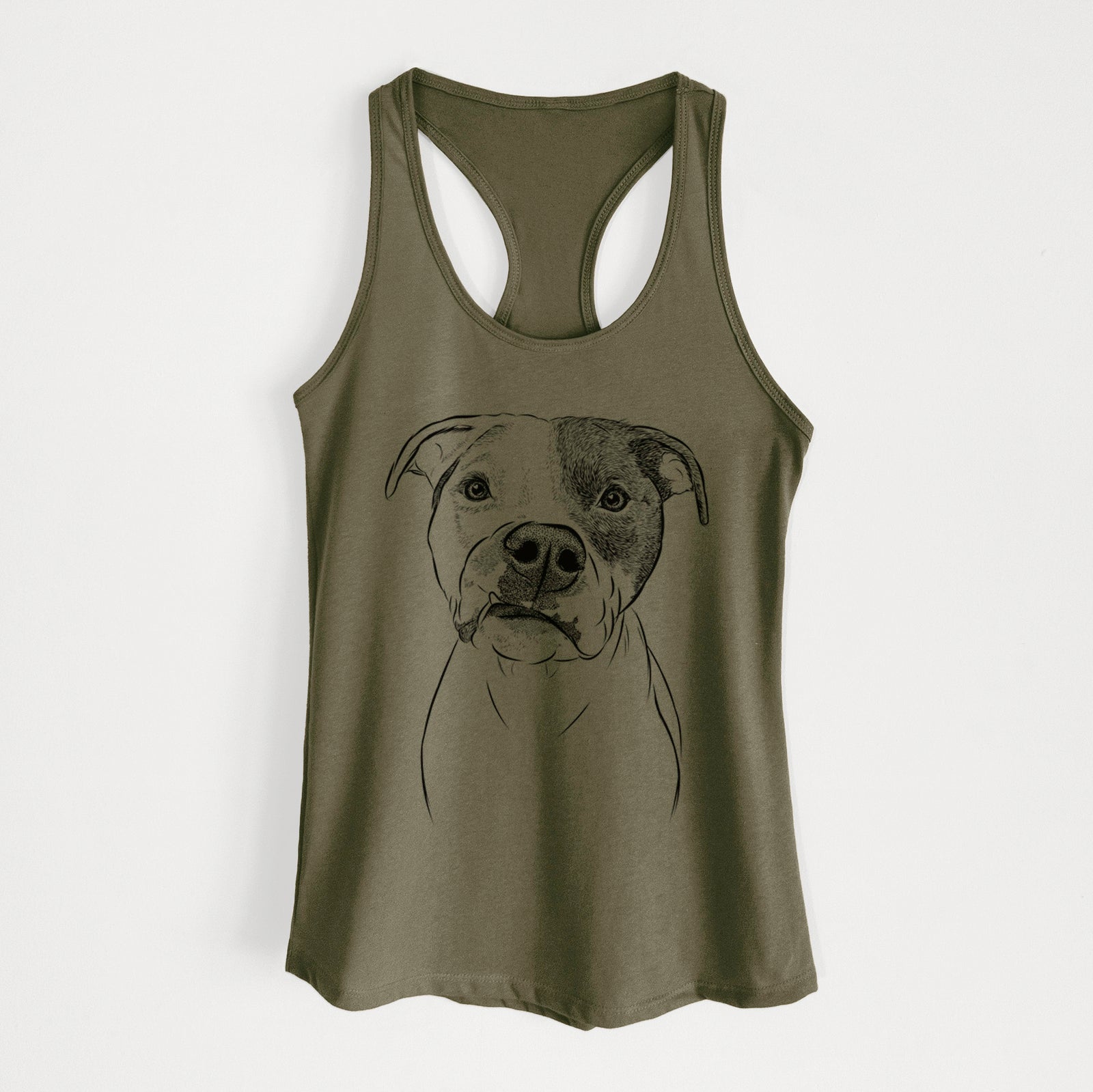 Hand-drawn sketch of Dexter the Pitbull on a Military Green Women's racerback tanktop