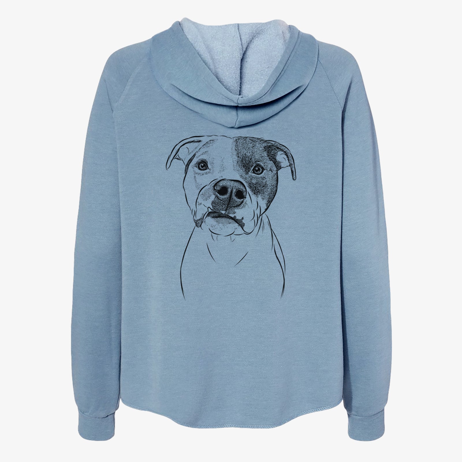 Hand-drawn sketch of Dexter the Pitbull on a Misty Blue Women's cali wave zip-up sweatshirt