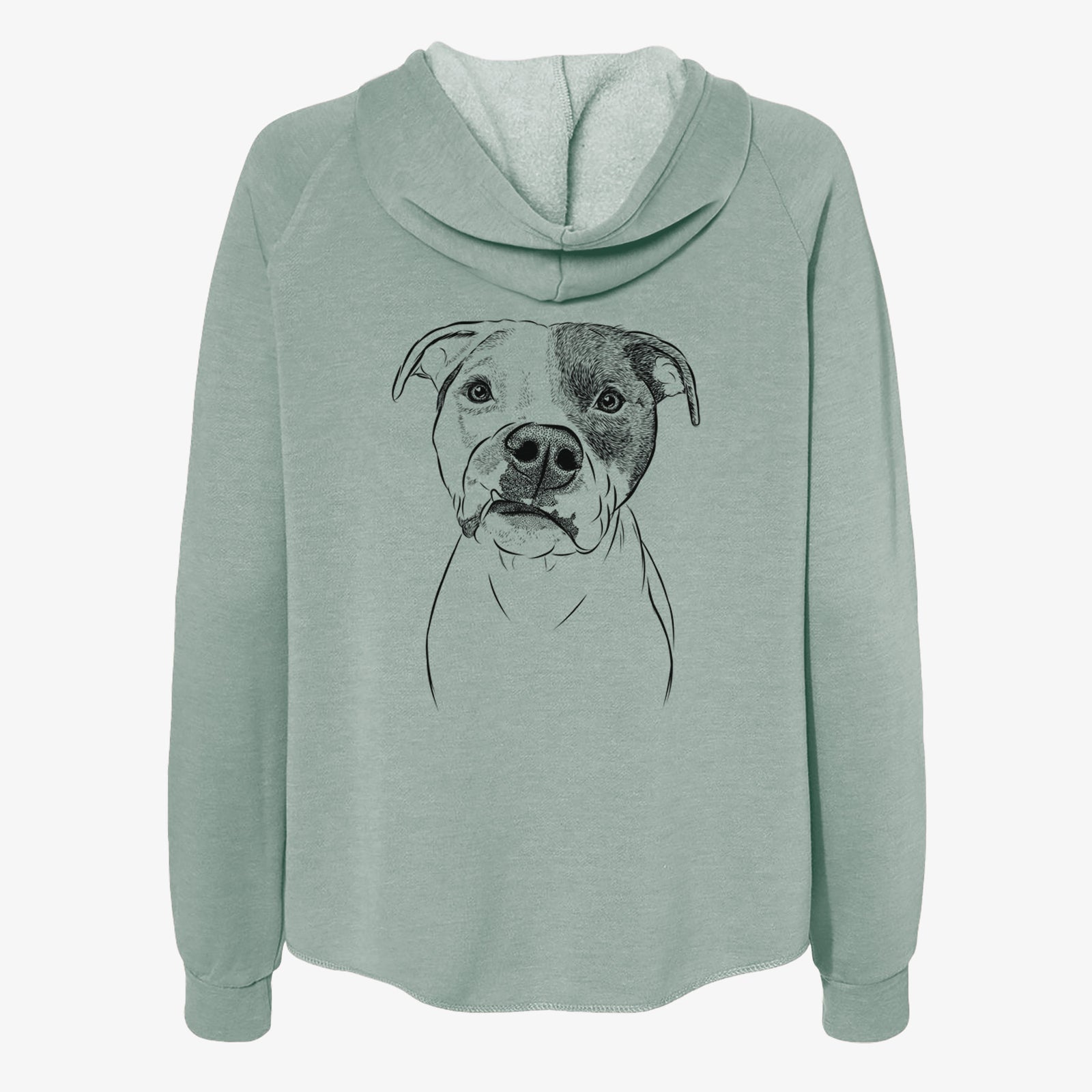 Hand-drawn sketch of Dexter the Pitbull on a Sage Women's cali wave zip-up sweatshirt