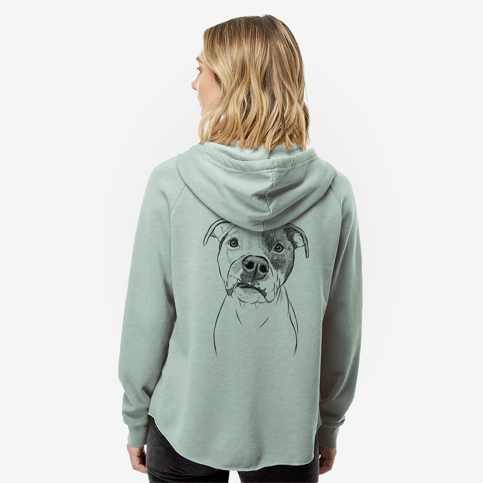 Hand-drawn sketch of Dexter the Pitbull on a Sage Women's cali wave zip-up sweatshirt