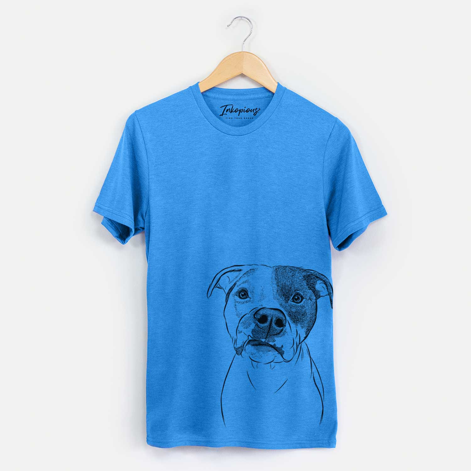 Hand-drawn sketch of Dexter the Pitbull on a Blue Unisex crewneck